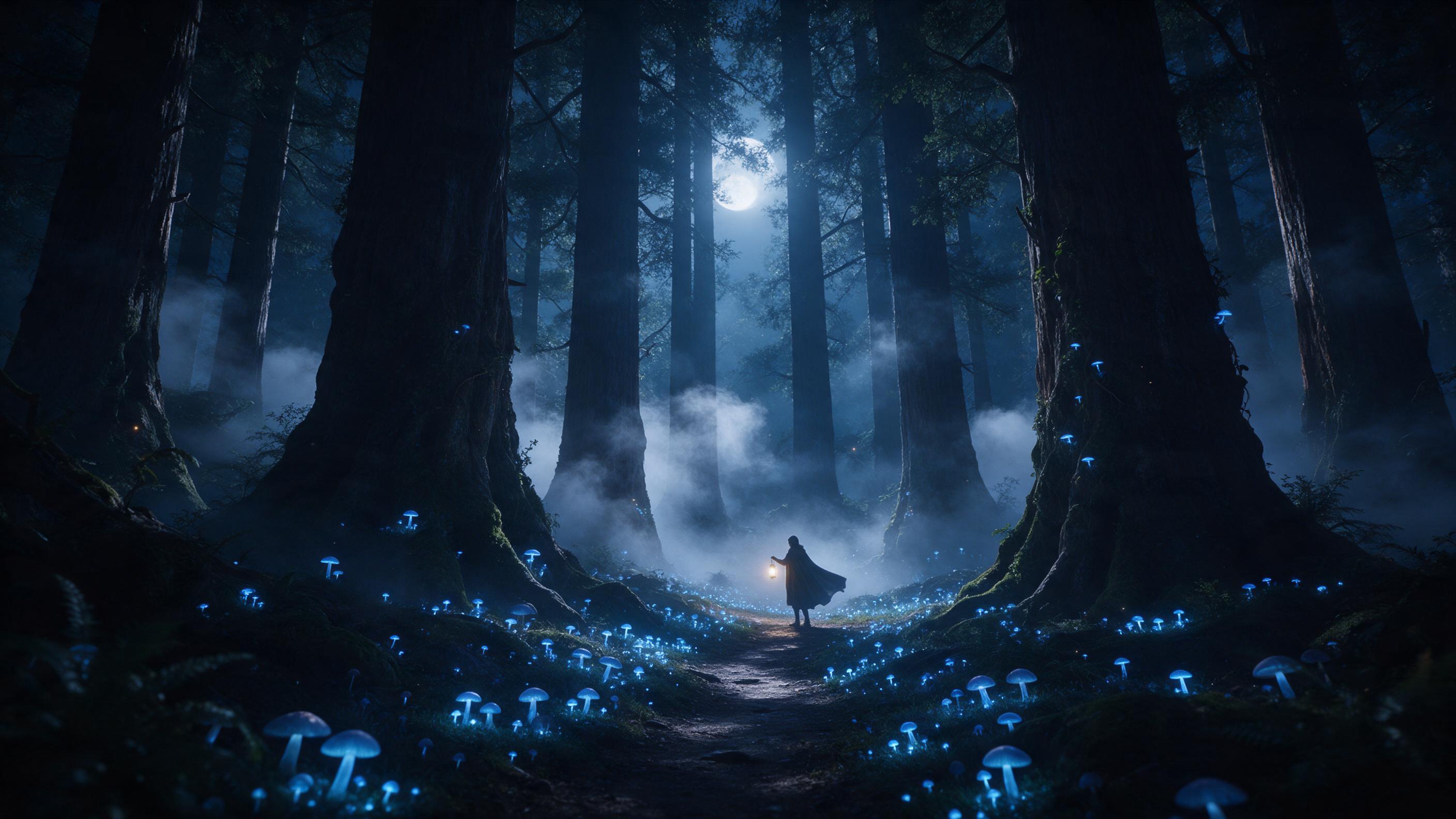 A moonlit enchanted forest with towering ancient trees, glowing blue mushrooms lining a winding path, a silver mist swirling between trunks, a lone figure in a flowing cloak holding a lantern, soft volumetric light, deep shadows, ethereal atmosphere.