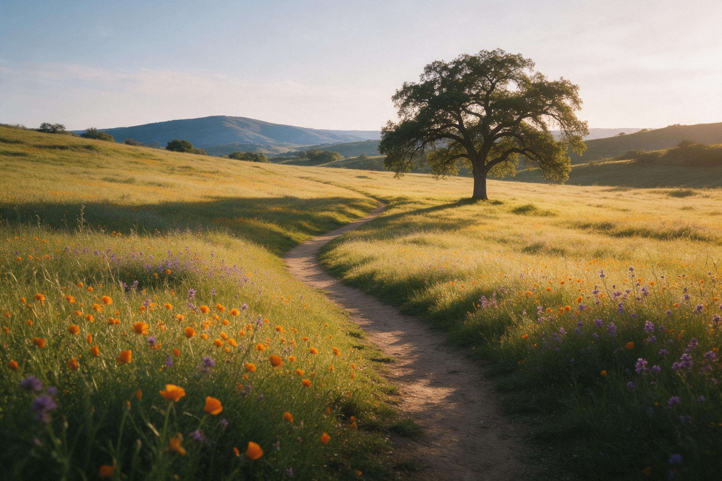 A winding dirt path through a sunlit meadow at golden hour, wildflowers in orange and purple swaying, a lone oak tree casting long shadows, distant blue hills under a soft hazy sky, natural light with warm tones, slight film grain