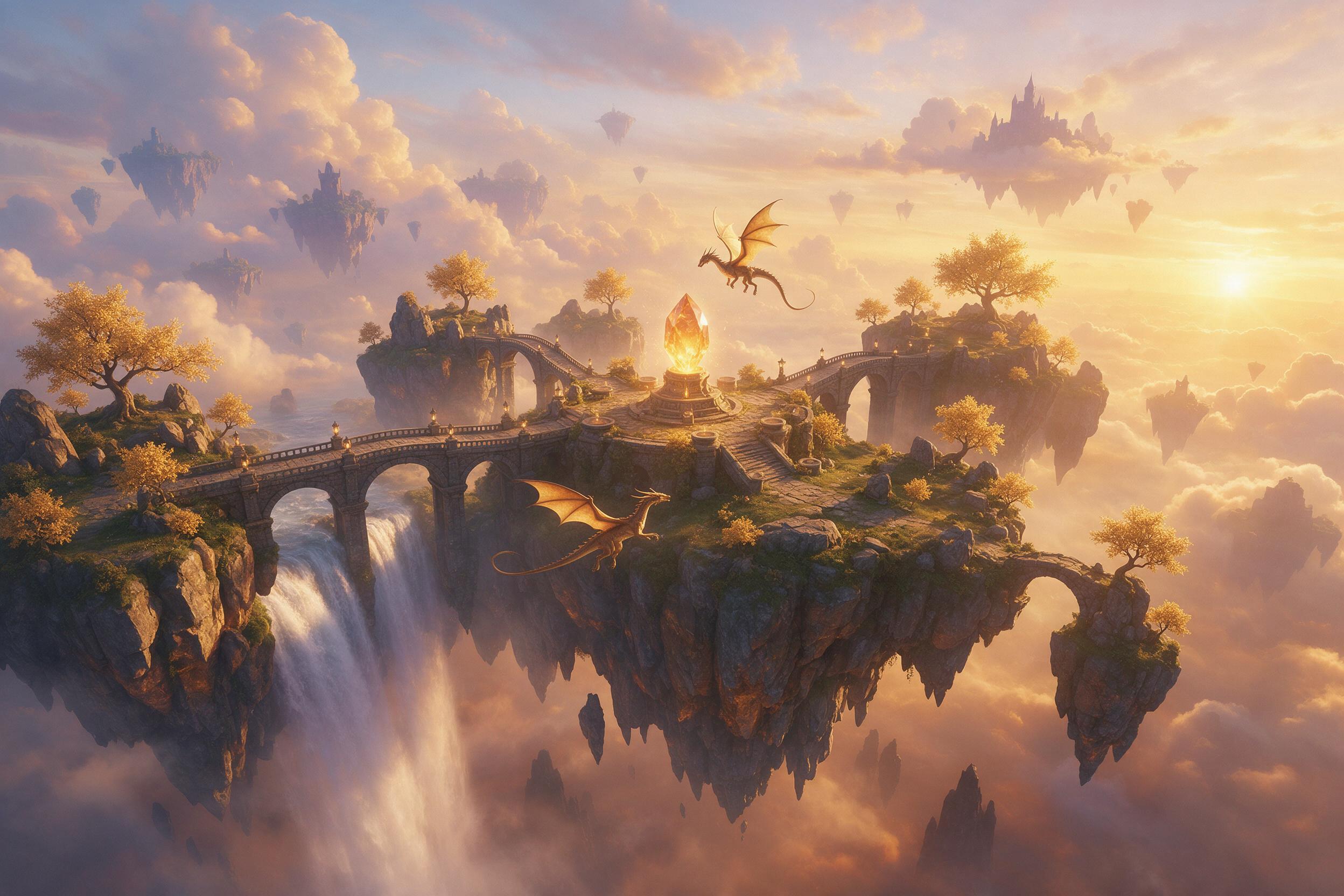 A floating island with a waterfall cascading into a misty abyss, ancient stone bridges connecting golden-leaved trees, two small dragons circling a glowing crystal at the center, warm sunset lighting, soft haze, aerial composition