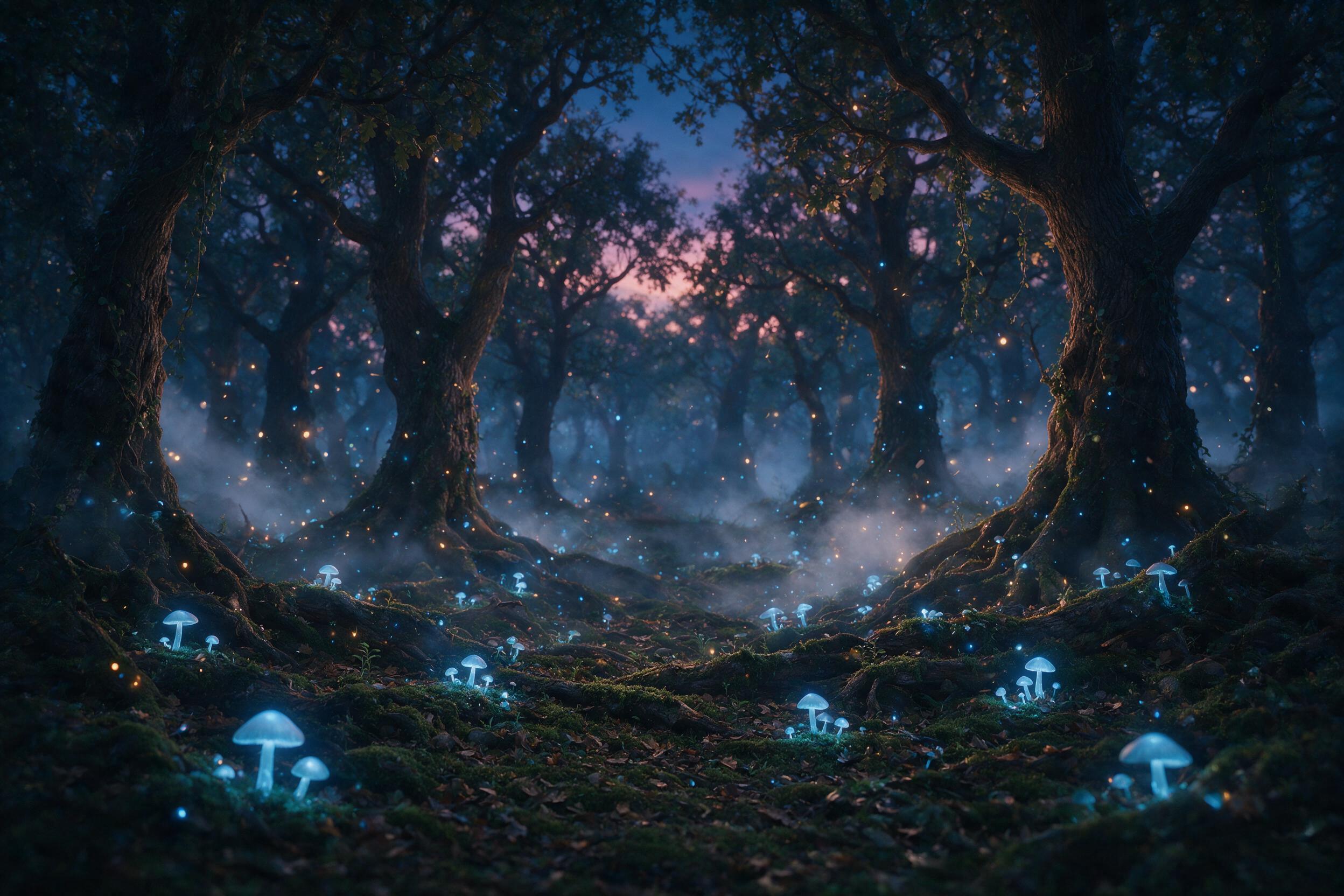 Enchanted forest at twilight, glowing blue mushrooms scatter across a mossy forest floor, ethereal light particles float in the air, ancient oak trees with twisted roots, soft mist between trunks, magical atmosphere, shallow depth of field, cinematic lighting, warm amber and cool blue color contrast