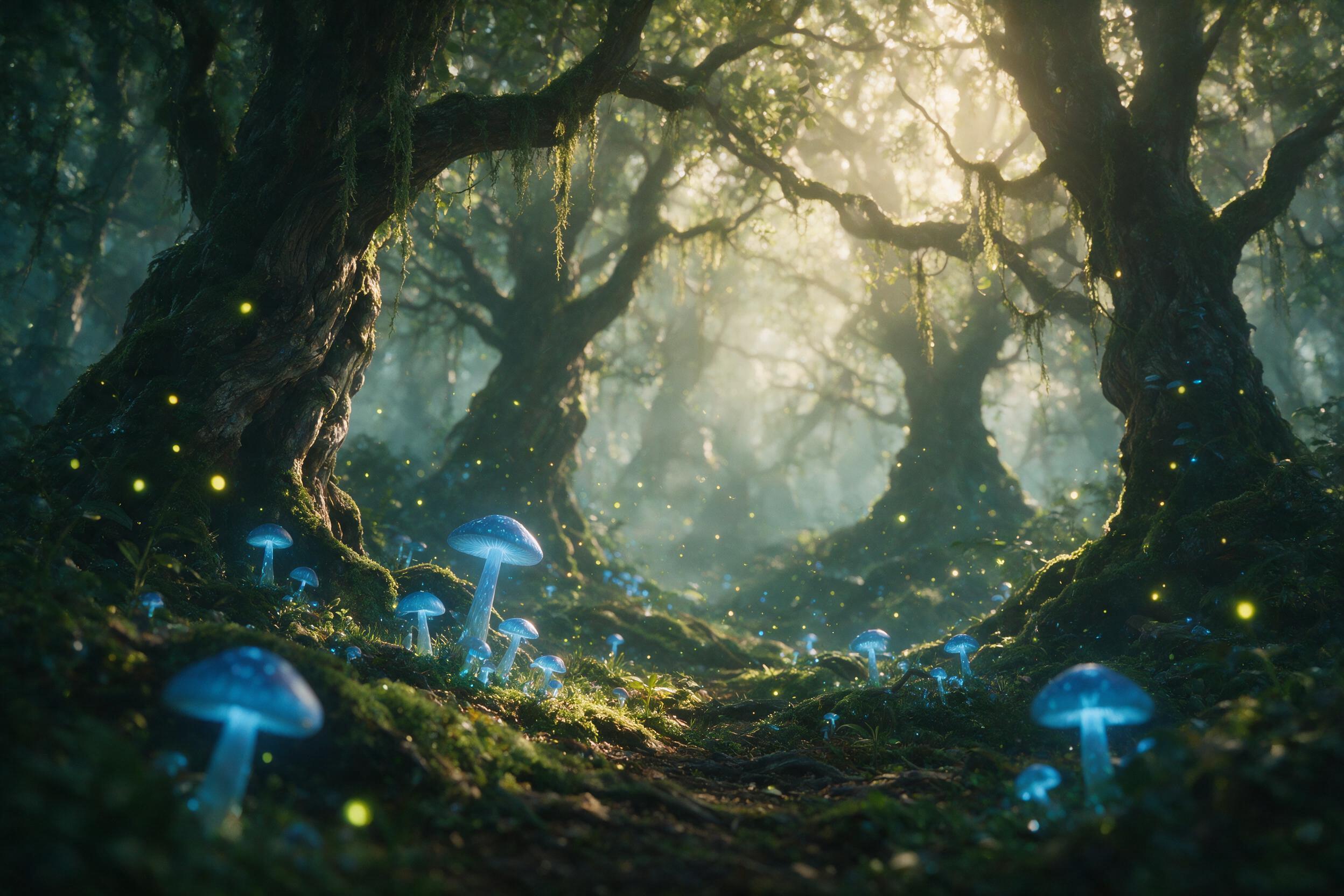 A misty enchanted forest with glowing blue mushrooms and fireflies, ancient gnarled trees draped in moss, soft golden sunlight filtering through the canopy, shallow depth of field, ethereal atmosphere, natural lighting with slight haze