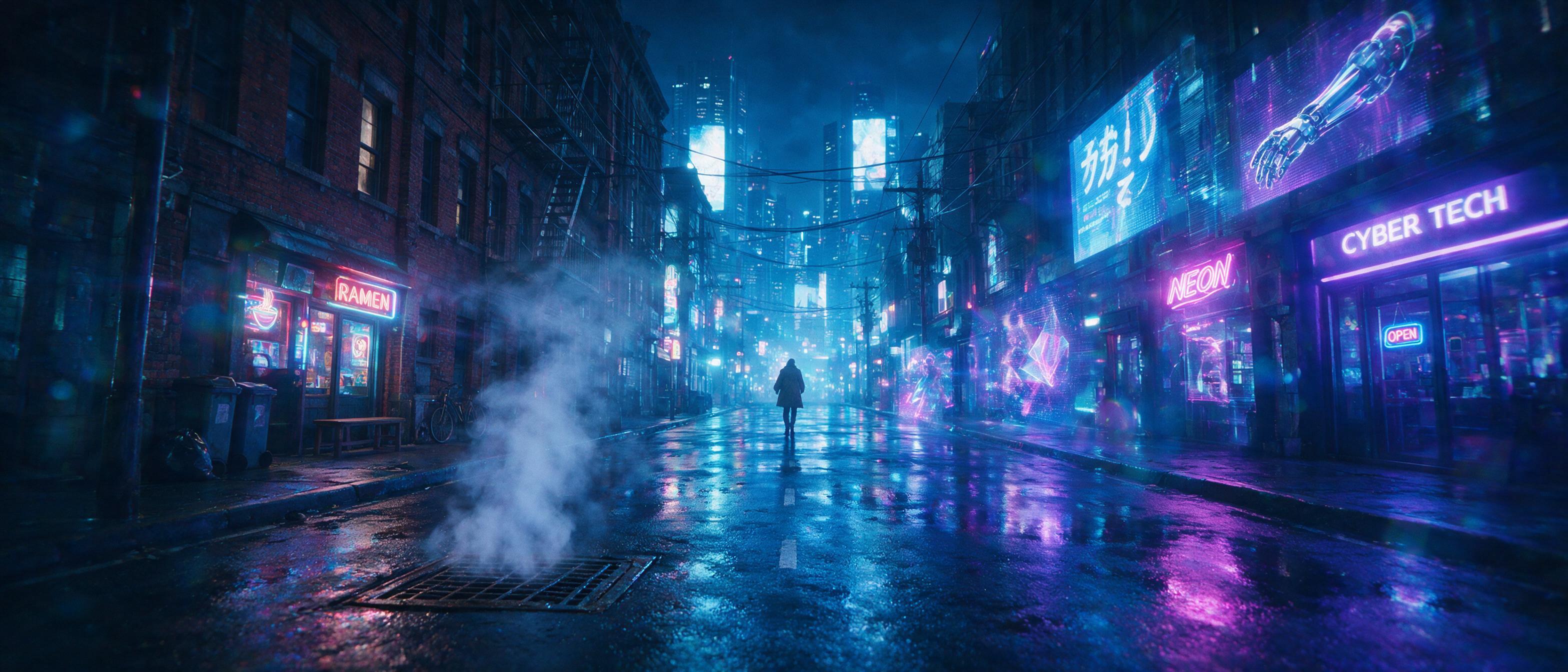 Neon-lit cyberpunk alleyway at night, rain-slicked asphalt reflecting holographic billboards, steam rising from a ventilation grate, a lone figure in a trench coat walks away, shallow depth of field, cool blue and magenta tones, slight lens flare, cinematic