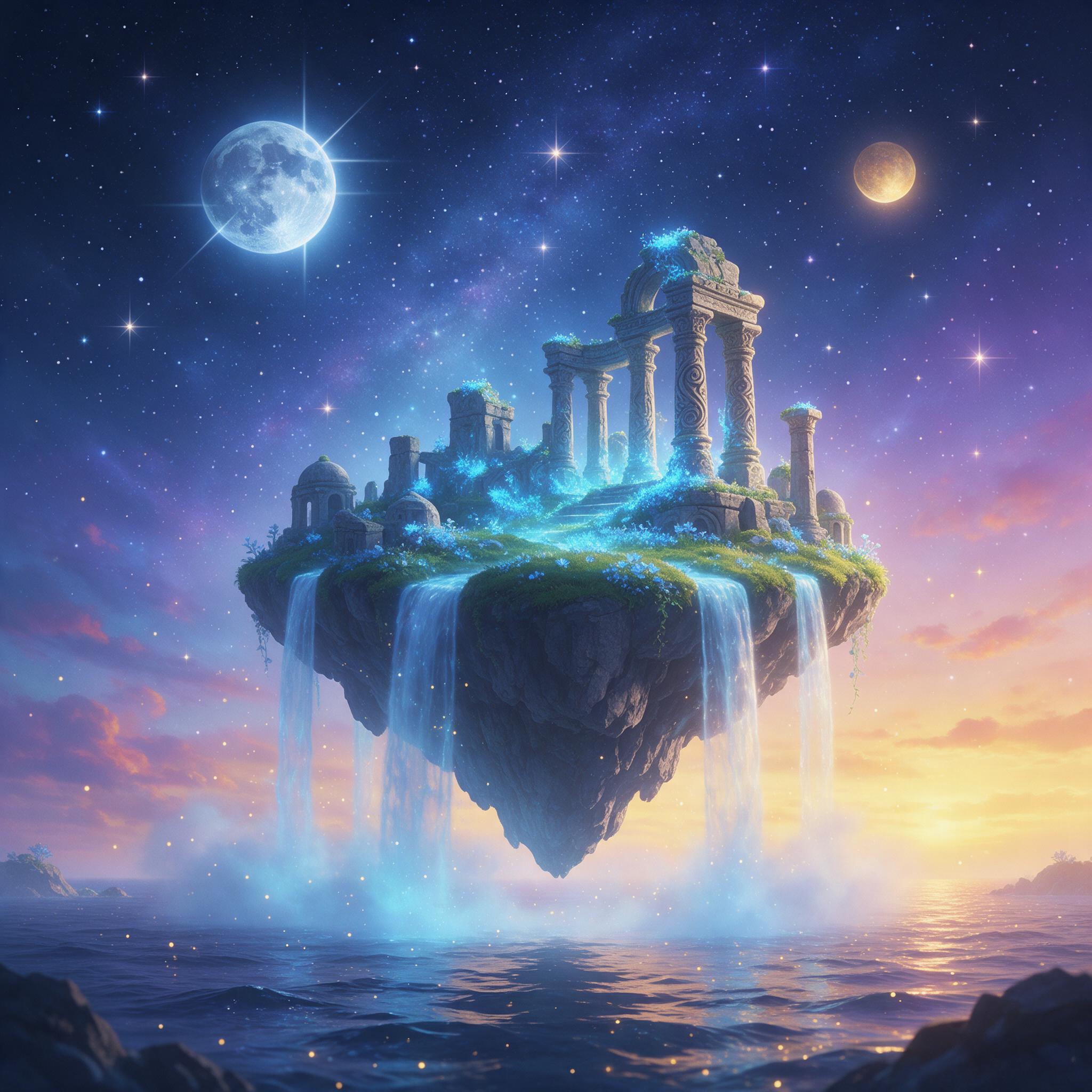An enchanted floating island above a twilight sea, waterfalls cascading into glowing mist, ancient stone ruins overgrown with luminous blue moss, two moons in a star-filled sky, soft ethereal lighting with subtle golden sparkles, composition centered on the island with the horizon below, dreamlike a