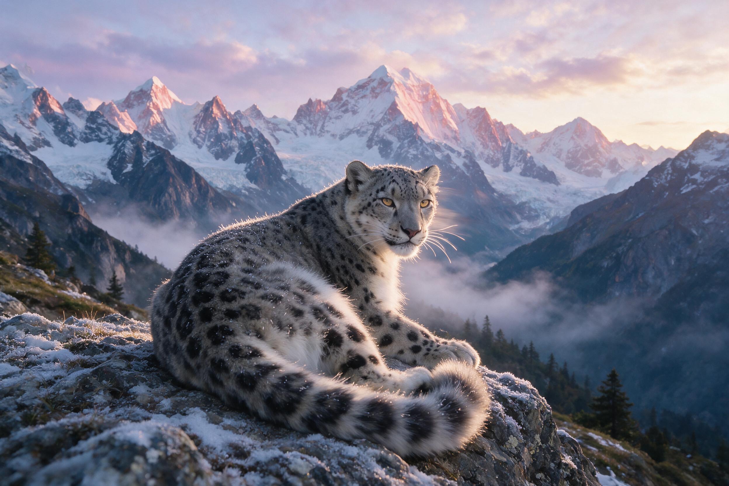 A snow leopard rests on a rocky outcrop at dusk, its amber eyes catching the last light. Soft mist rolls through the Himalayan valley below, while distant peaks glow pink. The fur is detailed with individual frost-tipped hairs, and a subtle motion blur suggests a gentle turn of the head. Natural ove
