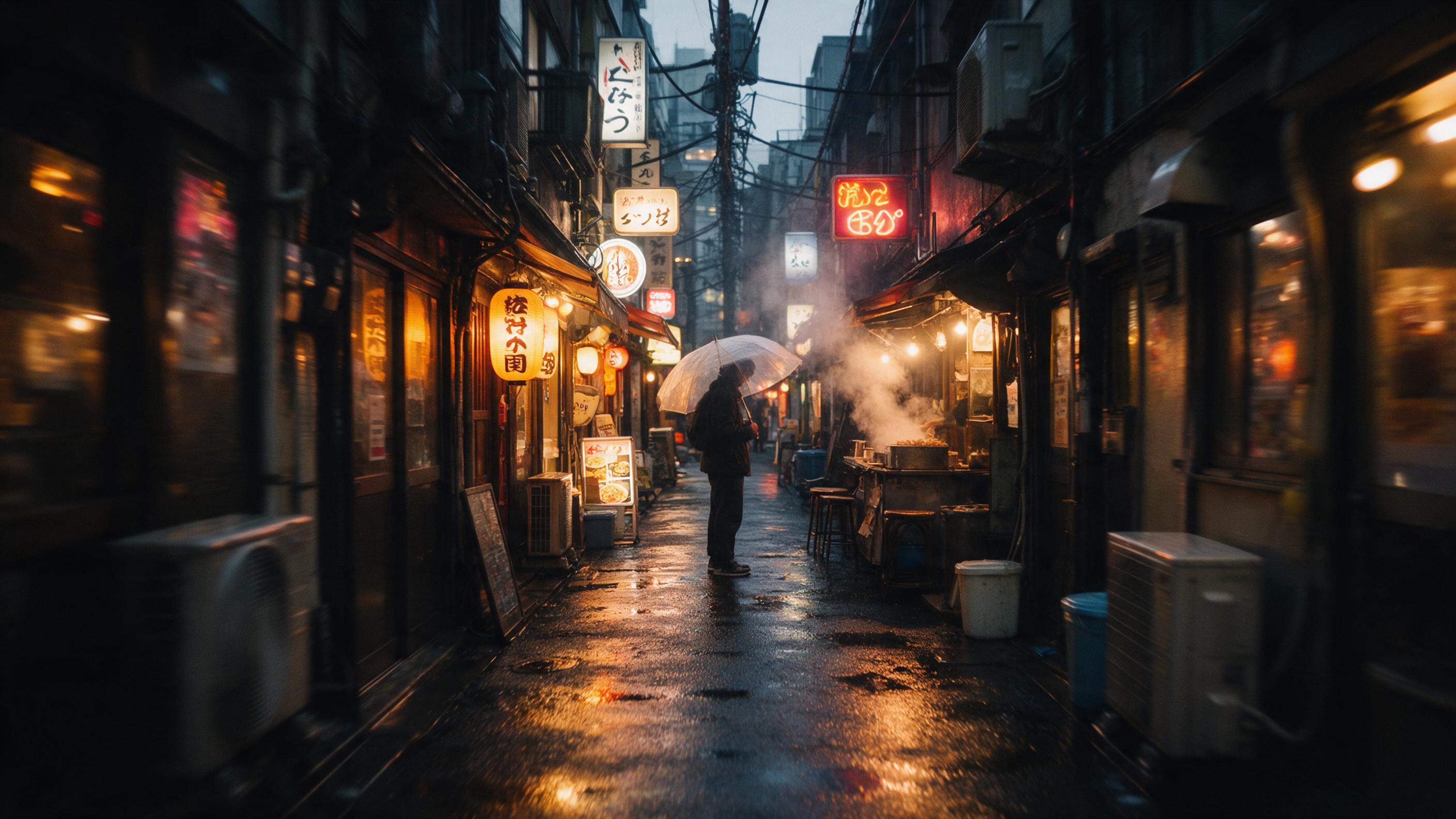 A narrow Tokyo alley at dusk, rain-soaked asphalt reflecting warm neon signs and a lone figure with a translucent umbrella, steam rising from a food stall, shallow depth of field with slight camera shake, authentic street atmosphere.