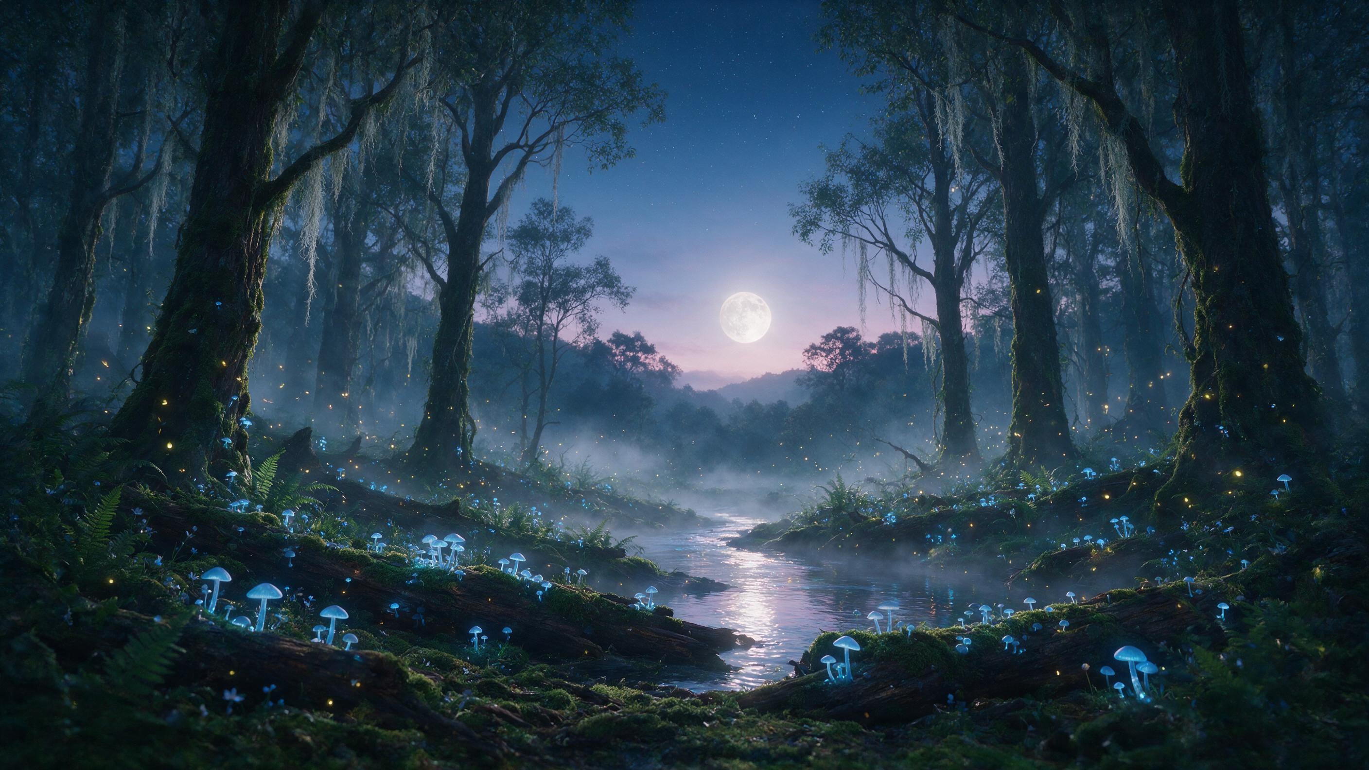 An ethereal moonlit forest where glowing blue mushrooms light the path, a misty river winding through ancient trees, soft fireflies dancing in the air, gentle twilight colors, dreamy atmosphere, natural lighting, cinematic composition.