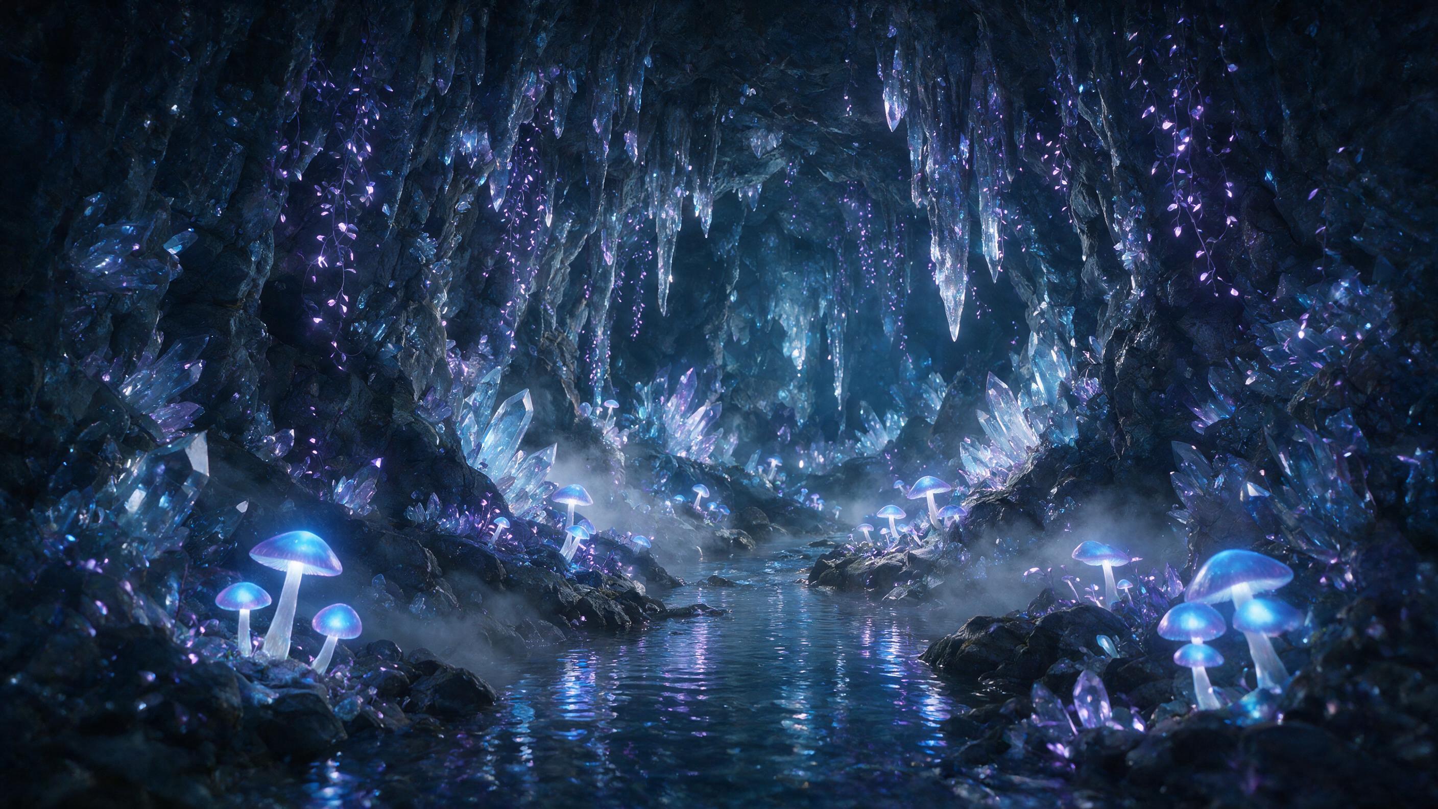 A luminous crystal cave deep underground, where bioluminescent mushrooms and vines cast soft blue and purple light across jagged rock formations, a small stream reflects the glow, mist swirls, calm and mysterious atmosphere, edge lighting, wide angle composition.