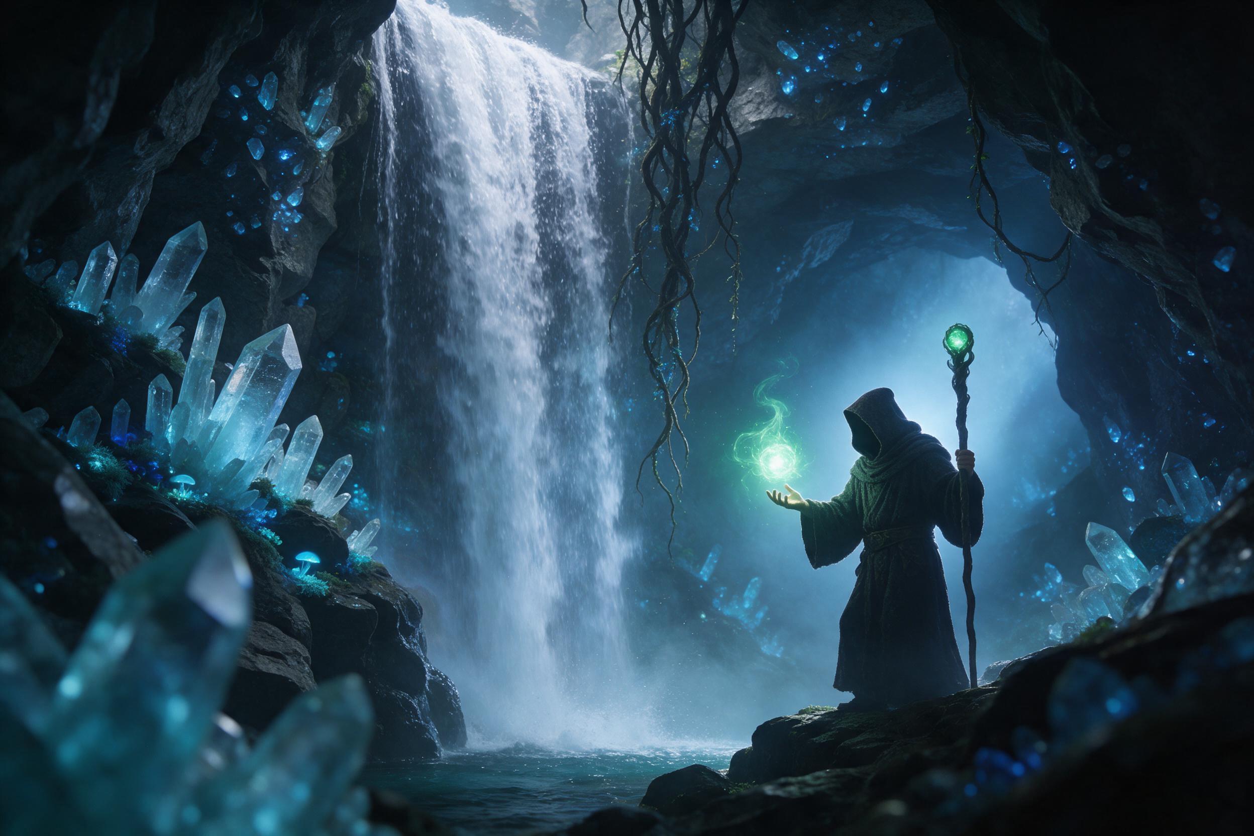A glowing crystal cave hidden behind a waterfall, bioluminescent moss and hanging vines, ethereal blue light refracted through quartz, misty air, a lone hooded sorcerer with a staff casting a soft green spell, cinematic composition, dramatic rim light, fantasy digital painting style with rich textur