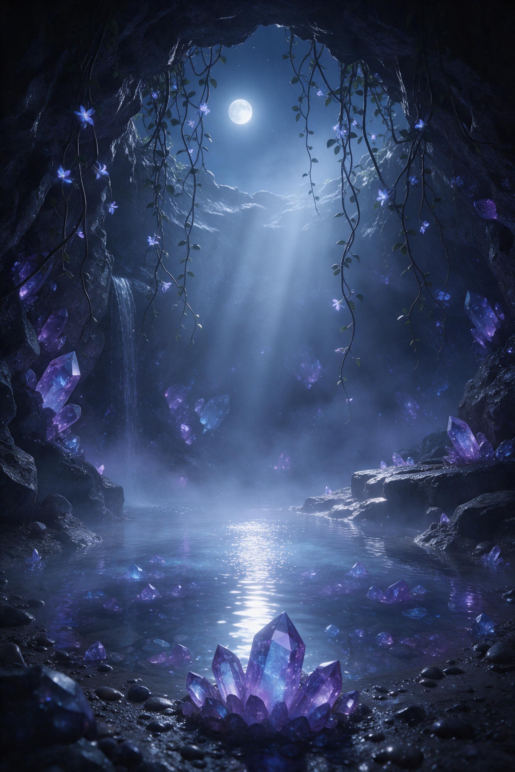 A moonlit crystal cave with glowing purple and blue crystals embedded in wet rock walls, a shallow reflective pool in the center, shimmering mist, hanging vines with faint bioluminescent flowers, soft volumetric light rays from an opening above, ethereal and serene, detailed textures, natural reflec