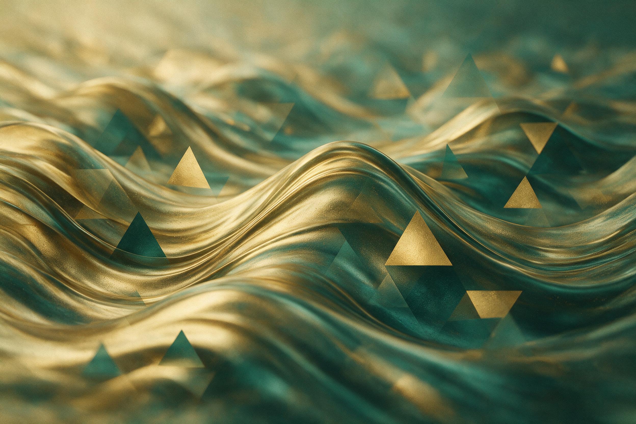 Fluid metallic waves in muted gold and deep teal, layered with soft geometric triangles, soft diffused light from the left, shallow depth of field, subtle grain texture, minimalist composition