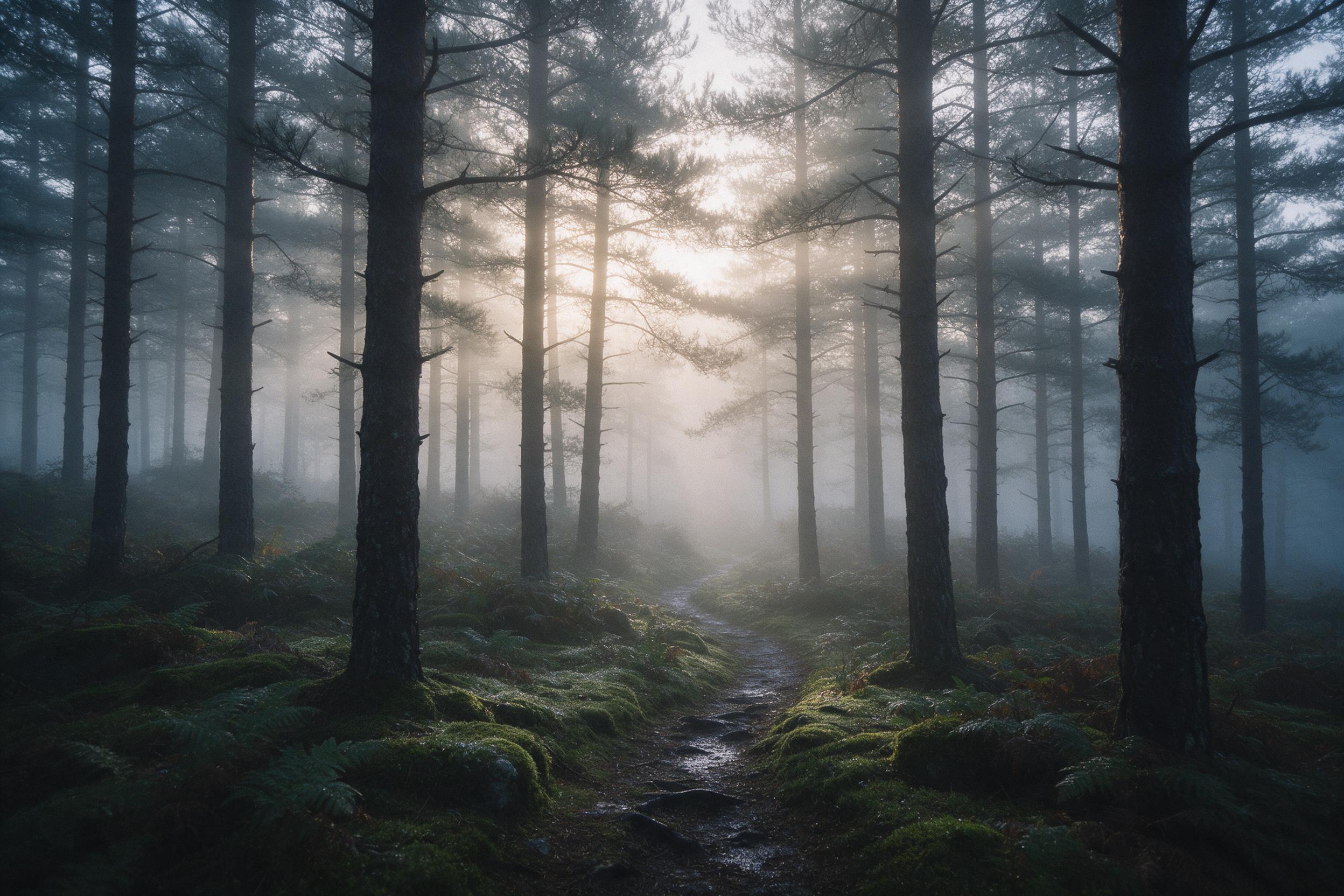 A foggy pine forest at dawn, soft golden light rays piercing through mist, wet moss and ferns on the ground, a narrow winding trail disappearing into trees, subtle blue tones in shadow, natural light, slight grain, tranquil atmosphere.