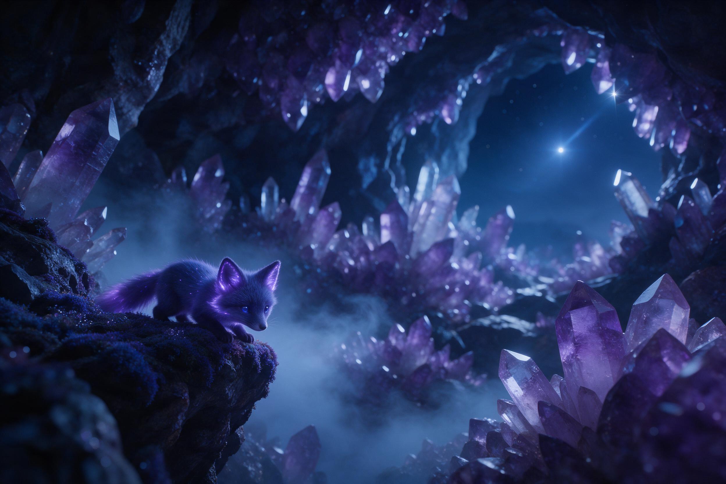 A moonlit crystal cavern, glowing purple amethyst formations towering overhead, a tiny bioluminescent fox peering over a mossy ledge, soft mist curling between jagged rock, cool blue and violet tones, subtle lens flare from distant light, cinematic composition with depth of field