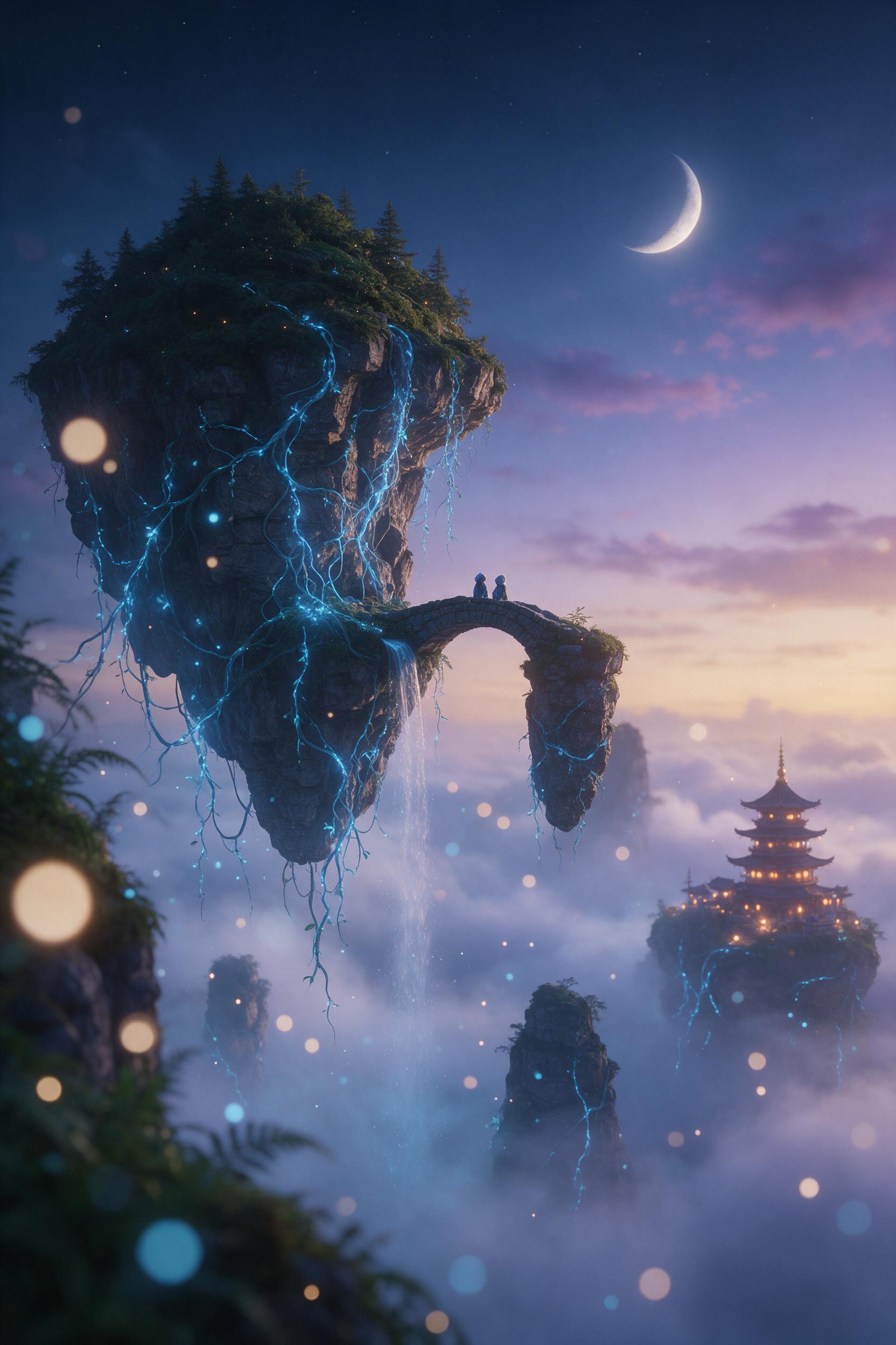 A floating island in twilight, its cliffs draped with glowing blue vines. A miniature waterfall spills into a cloud sea below. Two tiny figures stand on a stone bridge, gazing at a crescent moon. Warm lantern light from a distant pagoda contrasts with cool misty air. Soft bokeh, dreamy atmosphere.