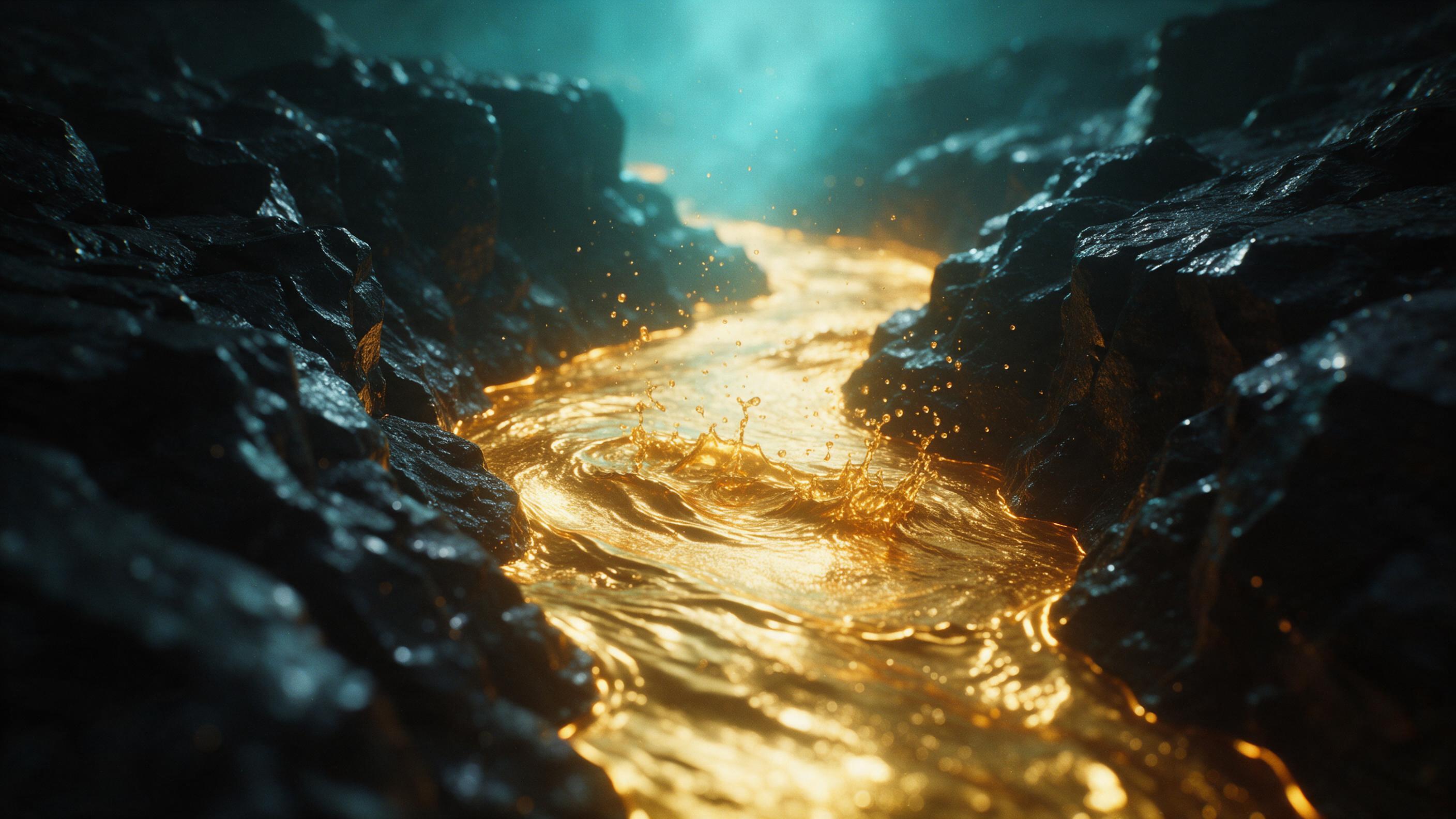 A flowing river of molten gold winding through a dark obsidian canyon, illuminated by an ethereal turquoise glow from above, with ripples and splashes frozen mid-air, macro perspective, dramatic chiaroscuro lighting, subtle film grain
