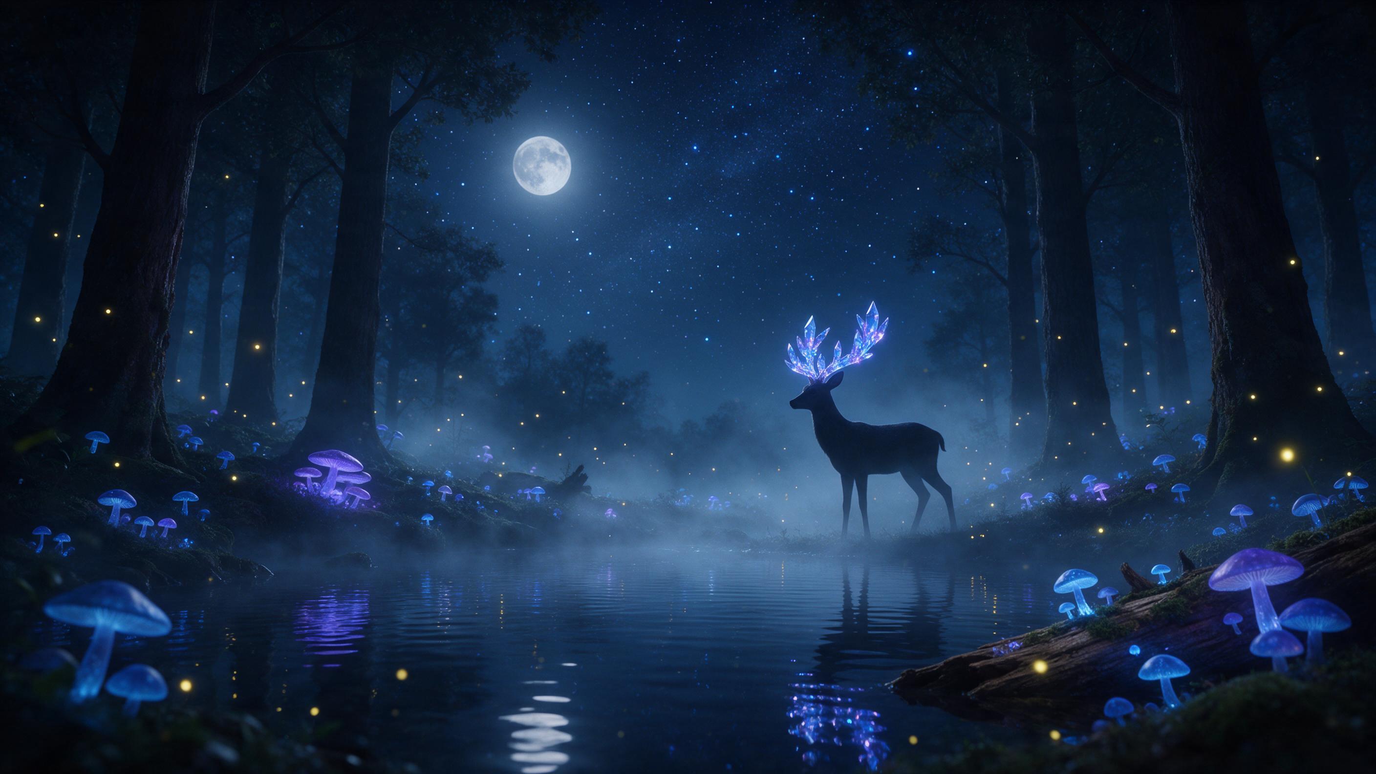 A moonlit forest clearing where bioluminescent mushrooms glow in blue and purple hues, a silhouette of a deer with antlers made of glowing crystal stands by a crystal-clear pond, mist rising softly, fireflies drifting, night sky with twinkling stars, soft reflections on water, cinematic composition.
