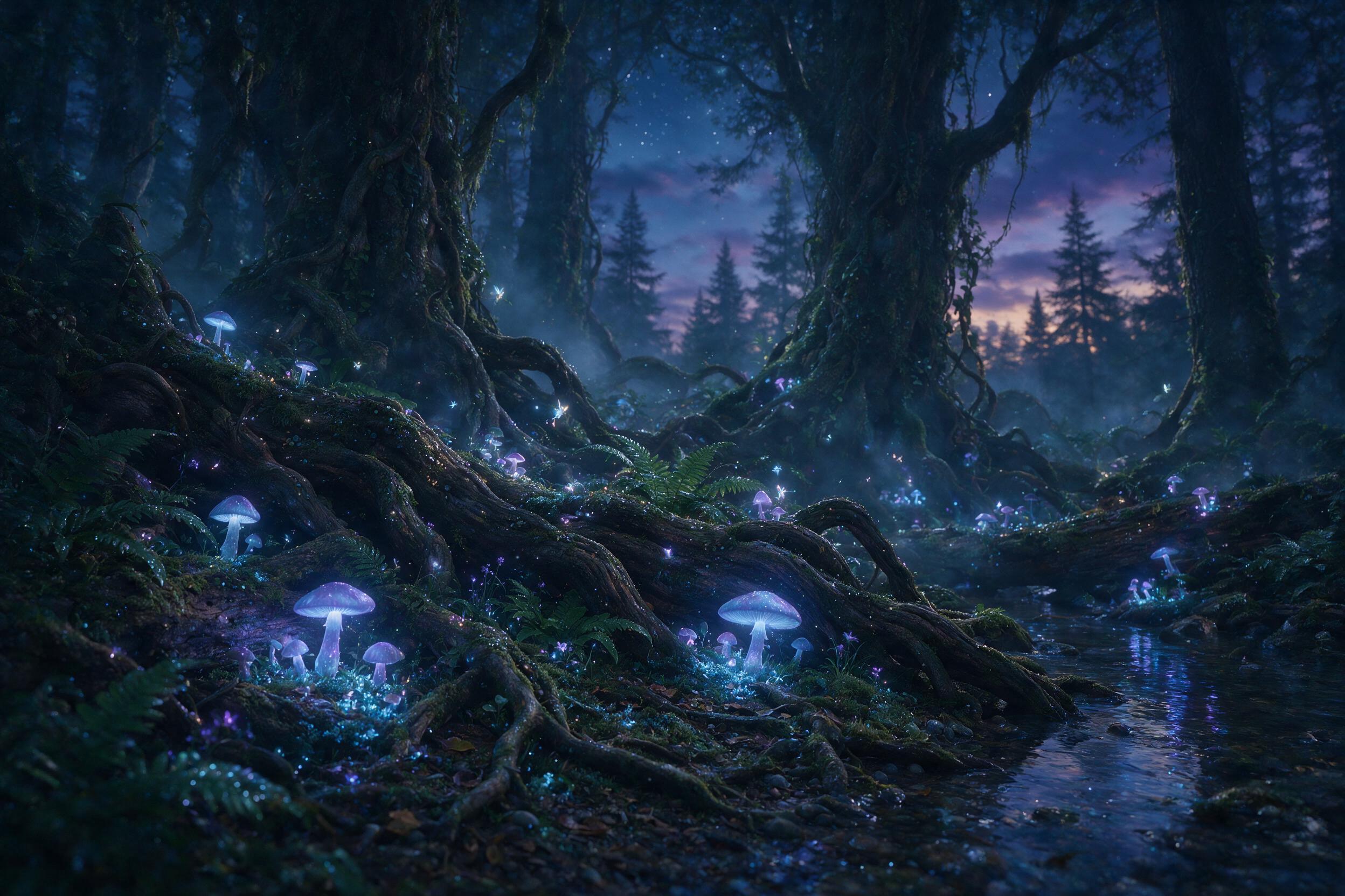 A luminous forest at twilight, massive bioluminescent mushrooms casting soft blue and violet light, tiny glowing fairies dancing among ancient twisted roots, misty air, ethereal atmosphere, soft focus, cinematic lighting, shallow depth of field, natural color palette.