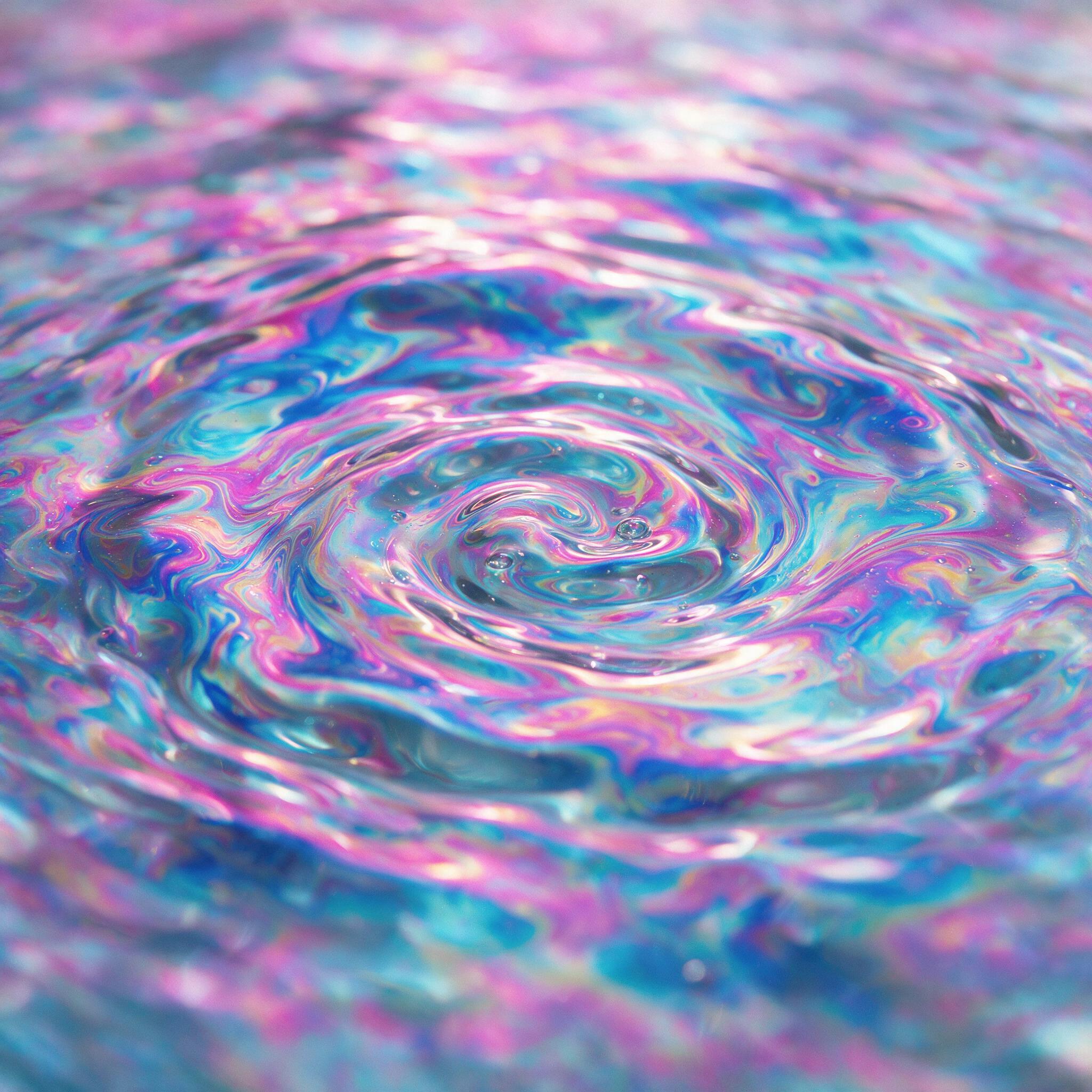Close-up of swirling iridescent oil on water, vivid magenta and cyan hues, chaotic yet harmonious ripples, soft fluorescent glow from above, shallow depth of field catching tiny bubbles, smooth liquid texture, no hard edges or human elements.