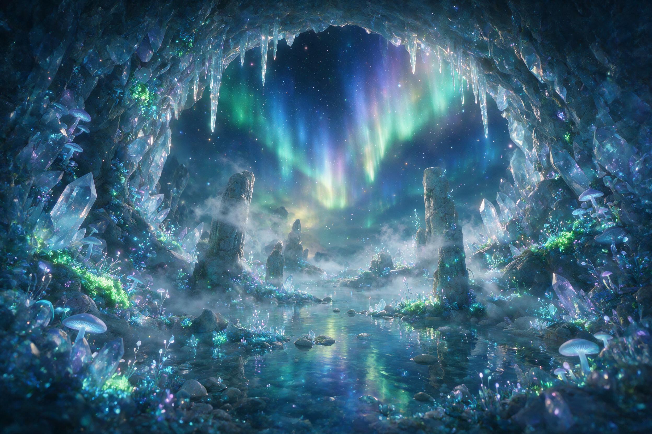 A luminous crystal cave hidden beneath a glowing aurora sky, bioluminescent flora clinging to jagged quartz walls, soft blue and violet light reflecting off shallow pools of water, delicate mist swirling around ancient stone formations, ethereal atmosphere with subtle lens flare, captured with a wid