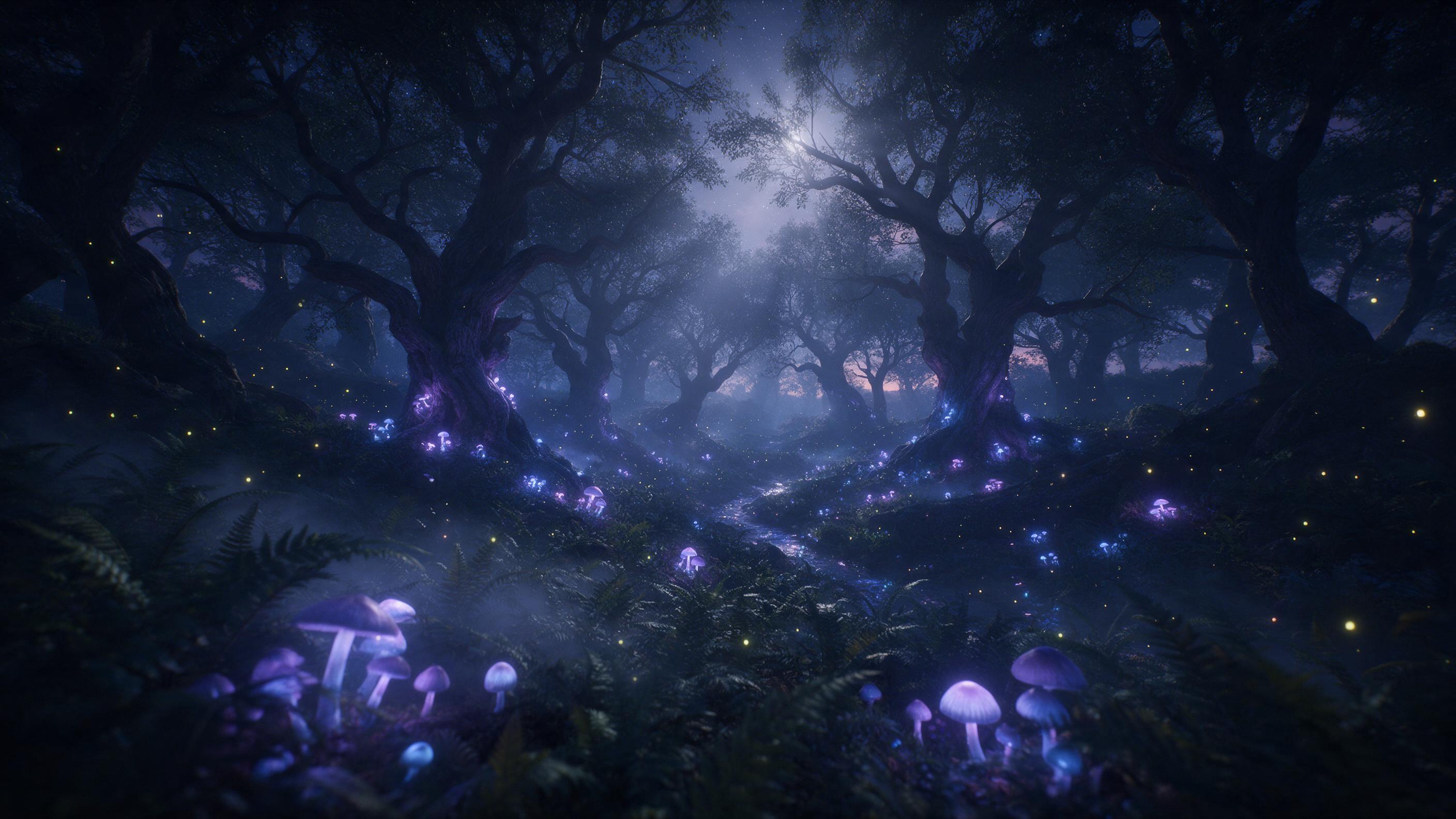 Mystical forest at twilight, bioluminescent mushrooms casting purple and blue light on ancient gnarled trees, a faint mist weaving between ferns, a small glowing stream reflecting starlight, fireflies dancing in the air, soft volumetric rays from a hidden moon, cinematic composition with foreground 