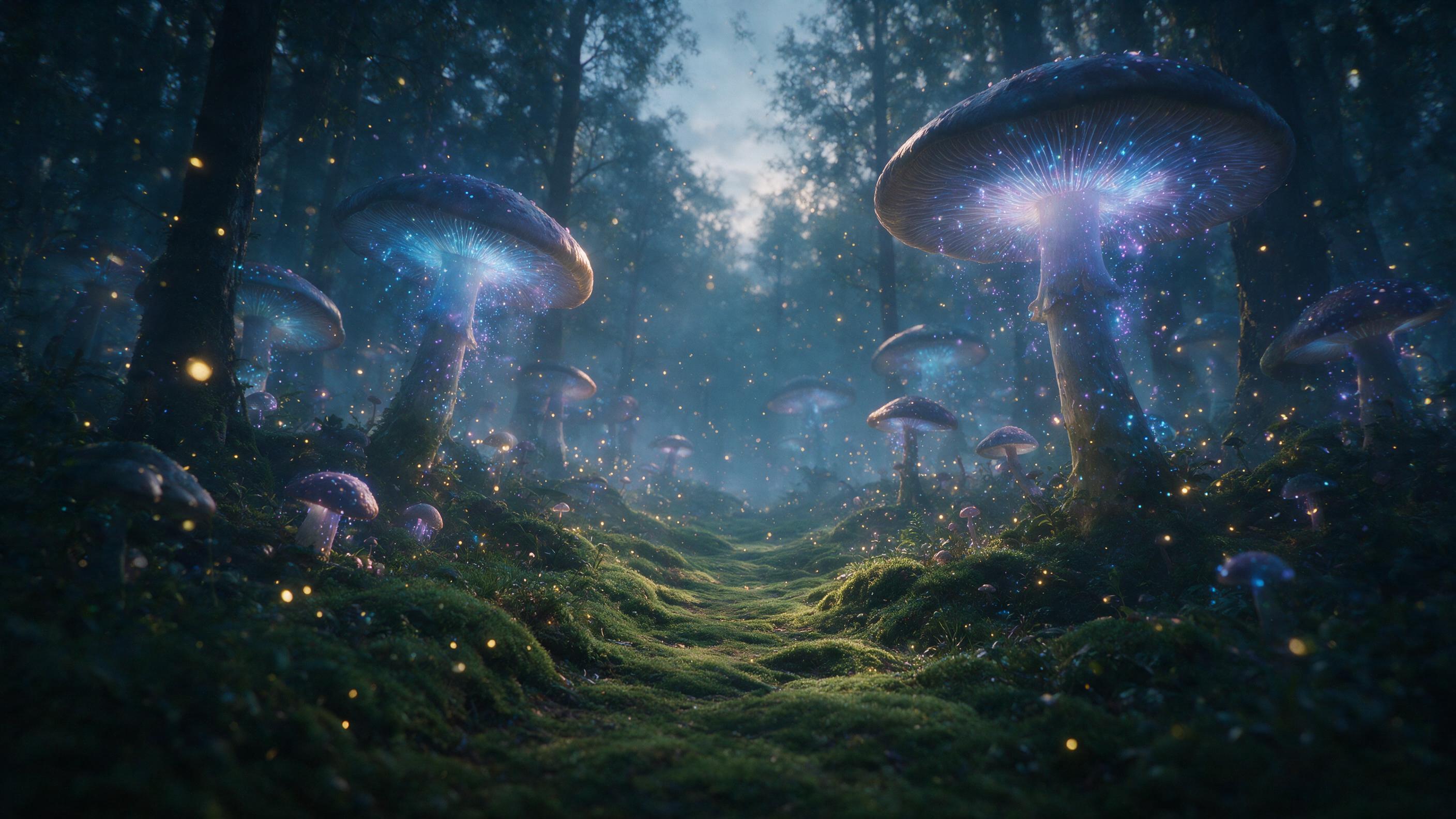 An ethereal forest at twilight, enormous glowing mushrooms with bioluminescent blue and purple spores, a winding path of soft moss, floating motes of golden light, deep mist, low angle, wide angle lens, natural diffused light, slight haze, peaceful mysterious atmosphere.