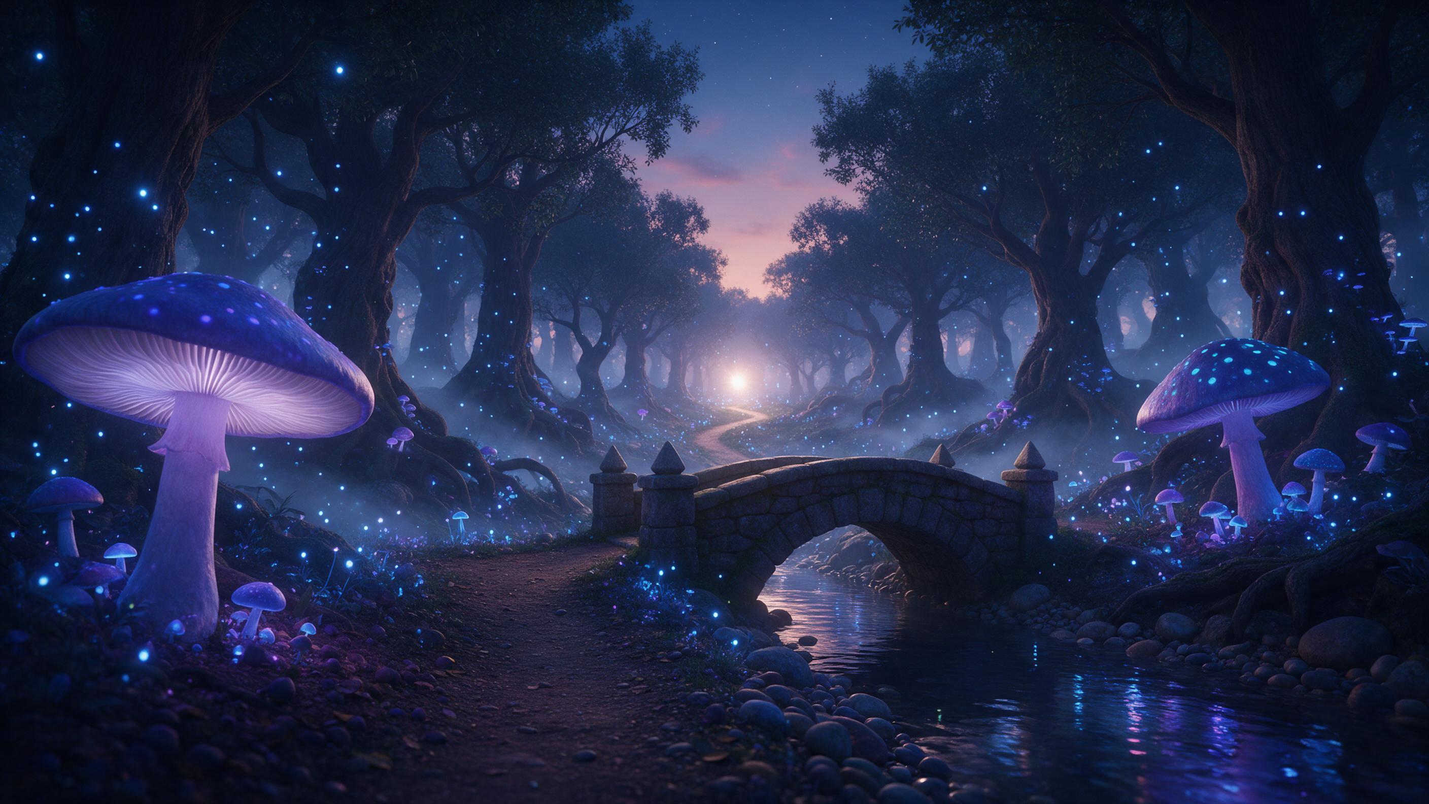 A glowing bioluminescent forest at twilight, giant mushrooms with blue and purple light, mist weaving between ancient gnarled trees, a small stone bridge over a reflective stream, fireflies like tiny stars, soft magical atmosphere, cinematic composition with a winding path leading to a distant lumin