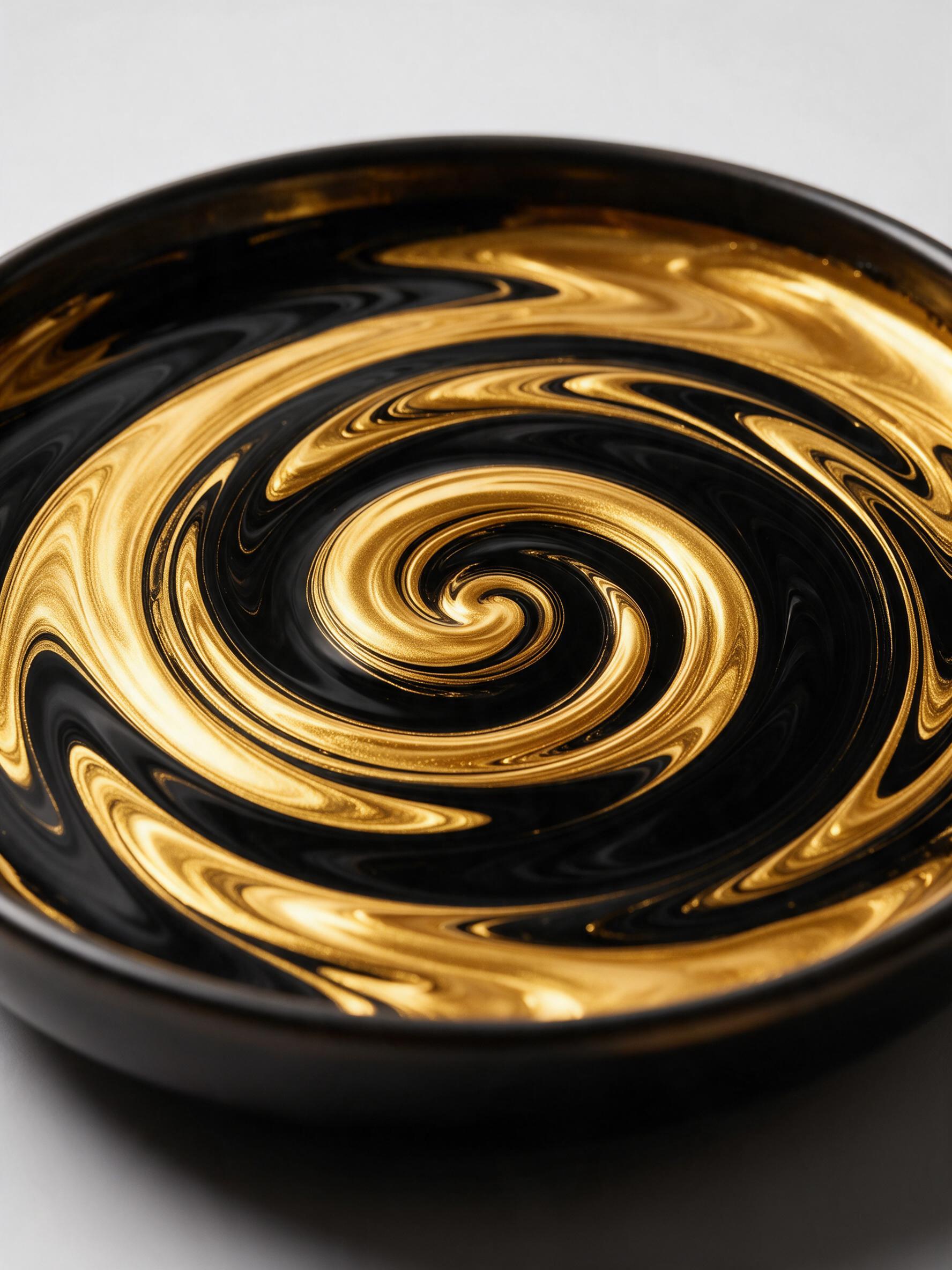 Close-up of liquid gold and black ink swirling in a circular basin, dynamic spirals, macro lens, soft studio lighting with bright reflections, minimalist composition, high contrast, no text, no watermarks.