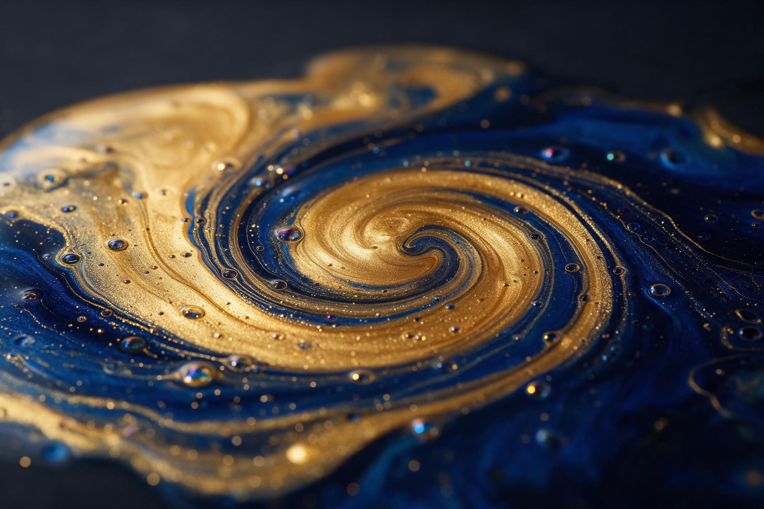 Liquid gold and deep sapphire fluid art swirling in a macro shot, with iridescent bubbles and fine metallic veins catching warm studio light, dark charcoal background for contrast, sharp focus with shallow depth of field, elegant minimalist composition.