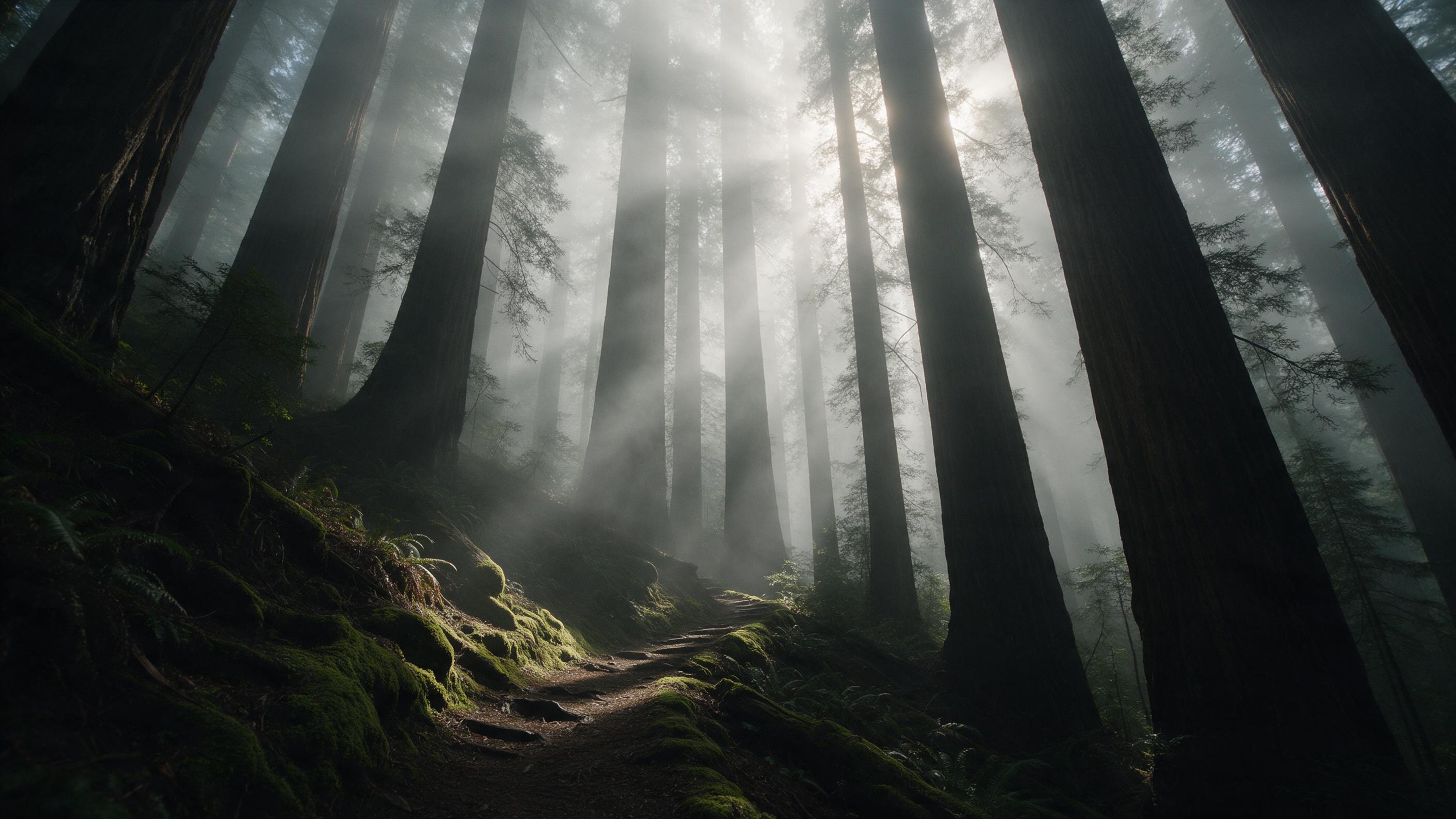 Sunlight filters through a dense mist in a silent redwood forest, casting long shadows over a moss-covered trail winding downhill. A gentle breeze stirs the fog, creating soft halos around silhouetted trunks. Composition: low angle looking upward, emphasizing towering heights and layered atmospheric