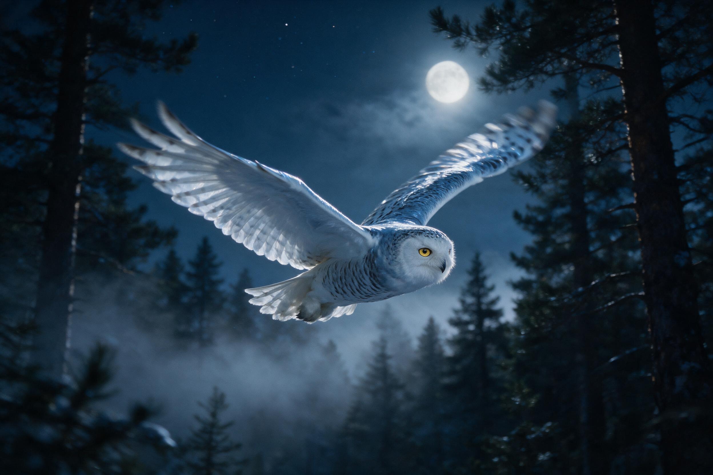 A snowy owl glides low over a moonlit pine forest, wings outstretched, silver-blue feathers catching the cold glow. Soft mist weaves between dark trees below, stars faint in a deep indigo sky. Shot on medium format film, subtle grain, motion blur hint in wingtips, shallow depth of field.