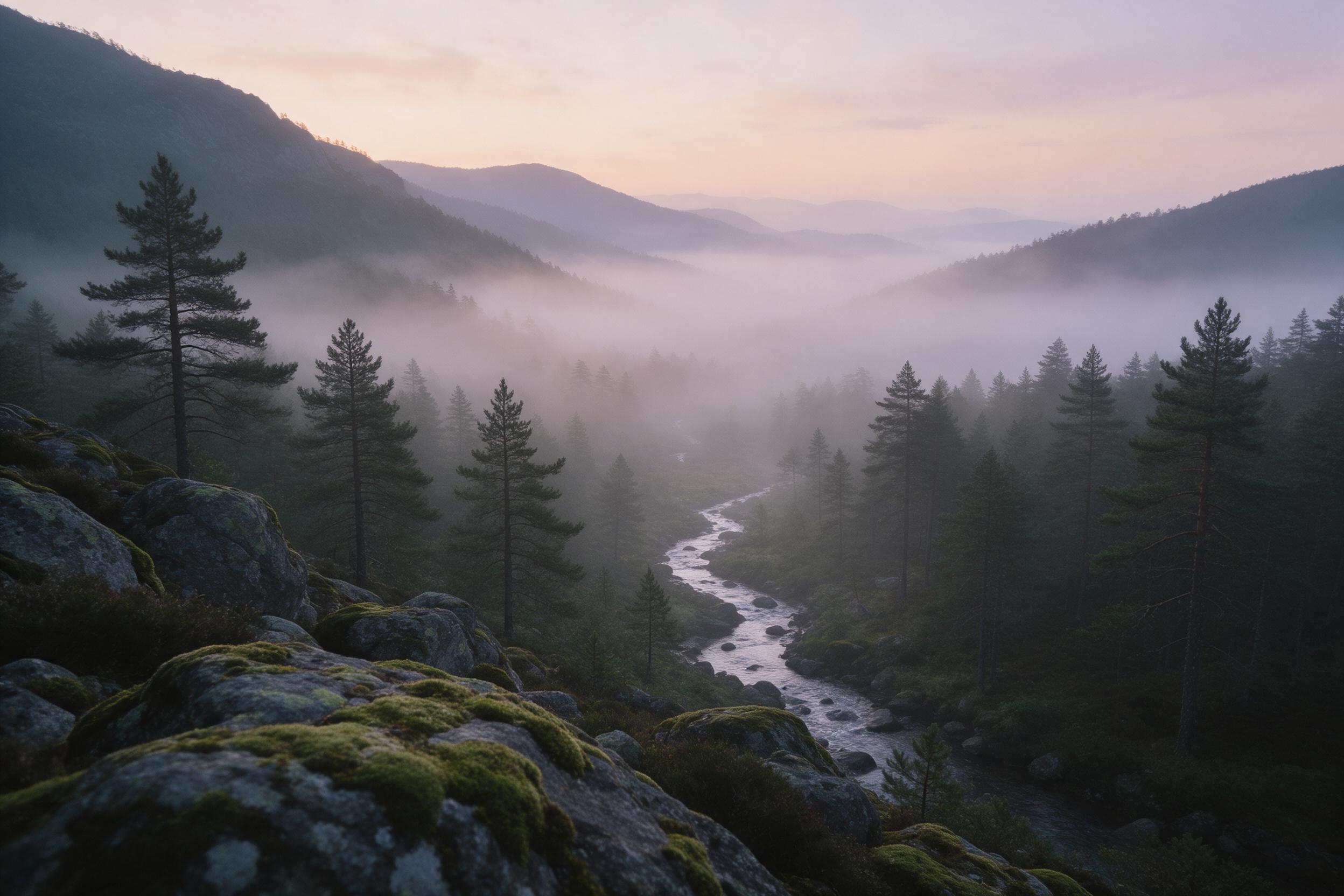 A misty mountain valley at dawn, layered ridges fading into pastel peach and lavender sky, a silver stream winding through pine forest below, soft diffused light, gentle fog, wide-angle composition with foreground rocks and moss, serene atmosphere.