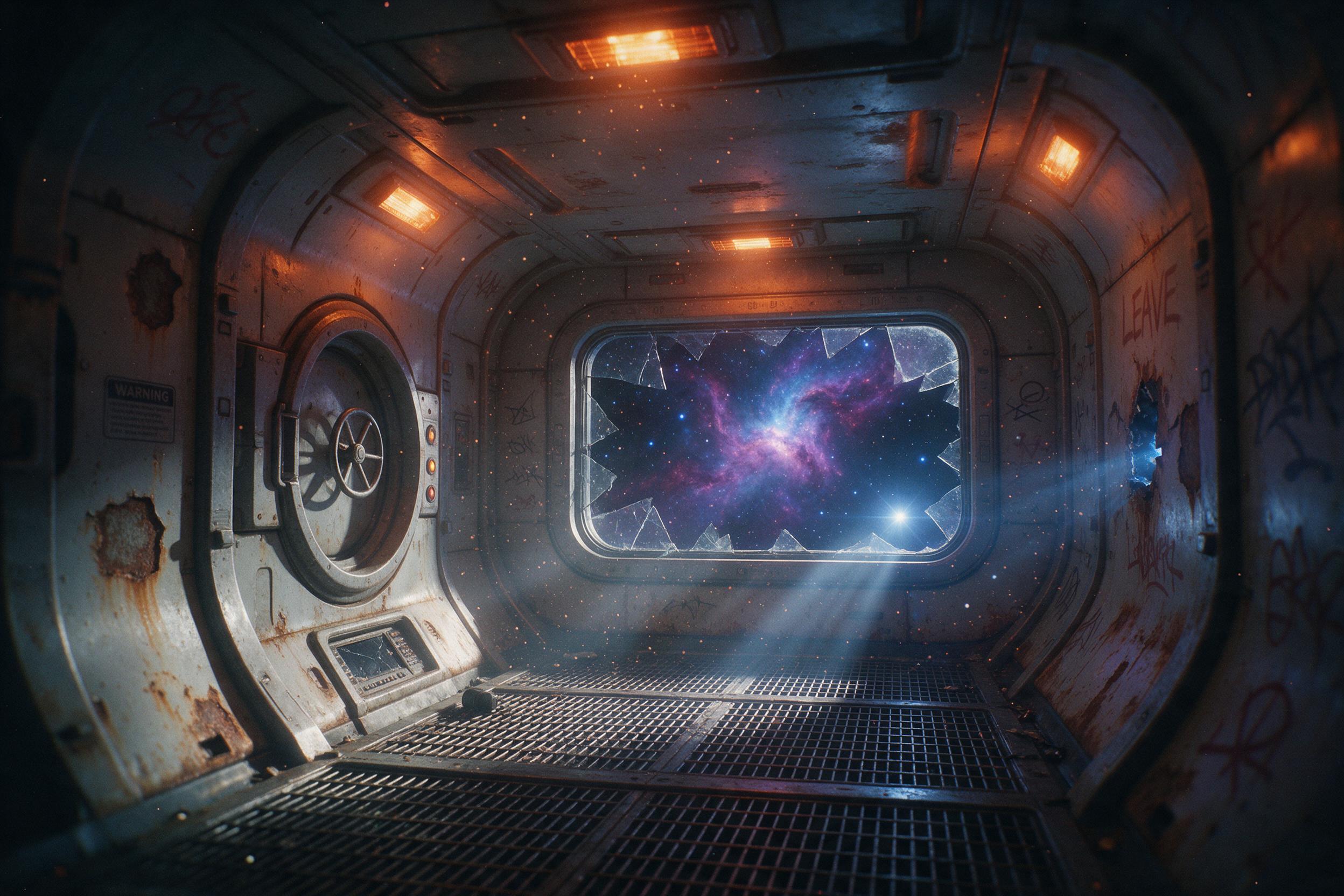 An abandoned space station corridor with flickering orange emergency lights, dust particles in the air, metal walls covered in rust and graffiti, a broken window revealing a nebula with purple and blue colors, volumetric light beams from a distant star, slight fish-eye lens distortion, film grain