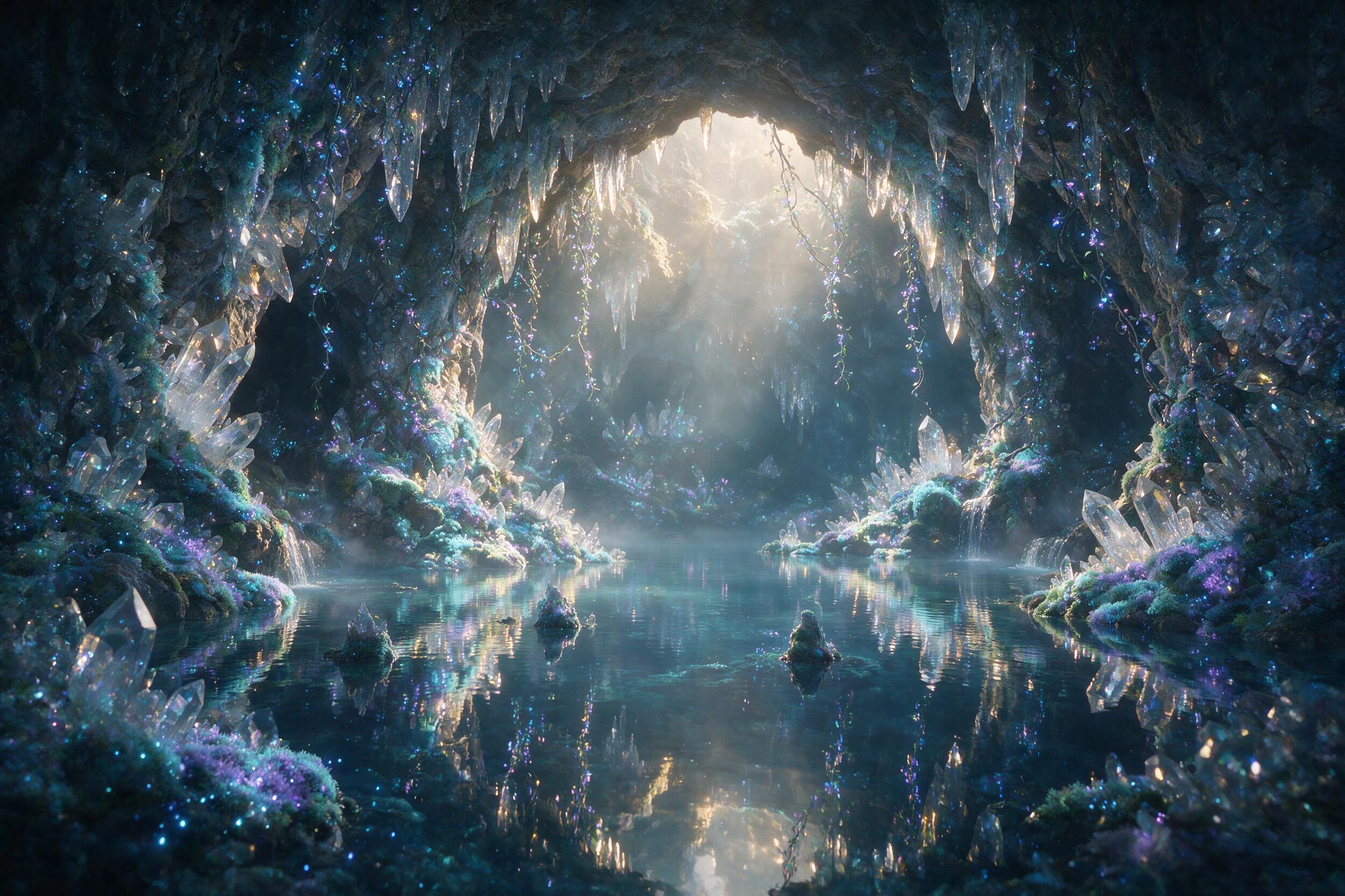 A luminous crystal cave deep underground, bioluminescent moss and vines glow in soft blue and violet, still underground lake reflects the cavern ceiling, natural light rays filtering from above, mysterious atmosphere, dreamlike composition, misty air