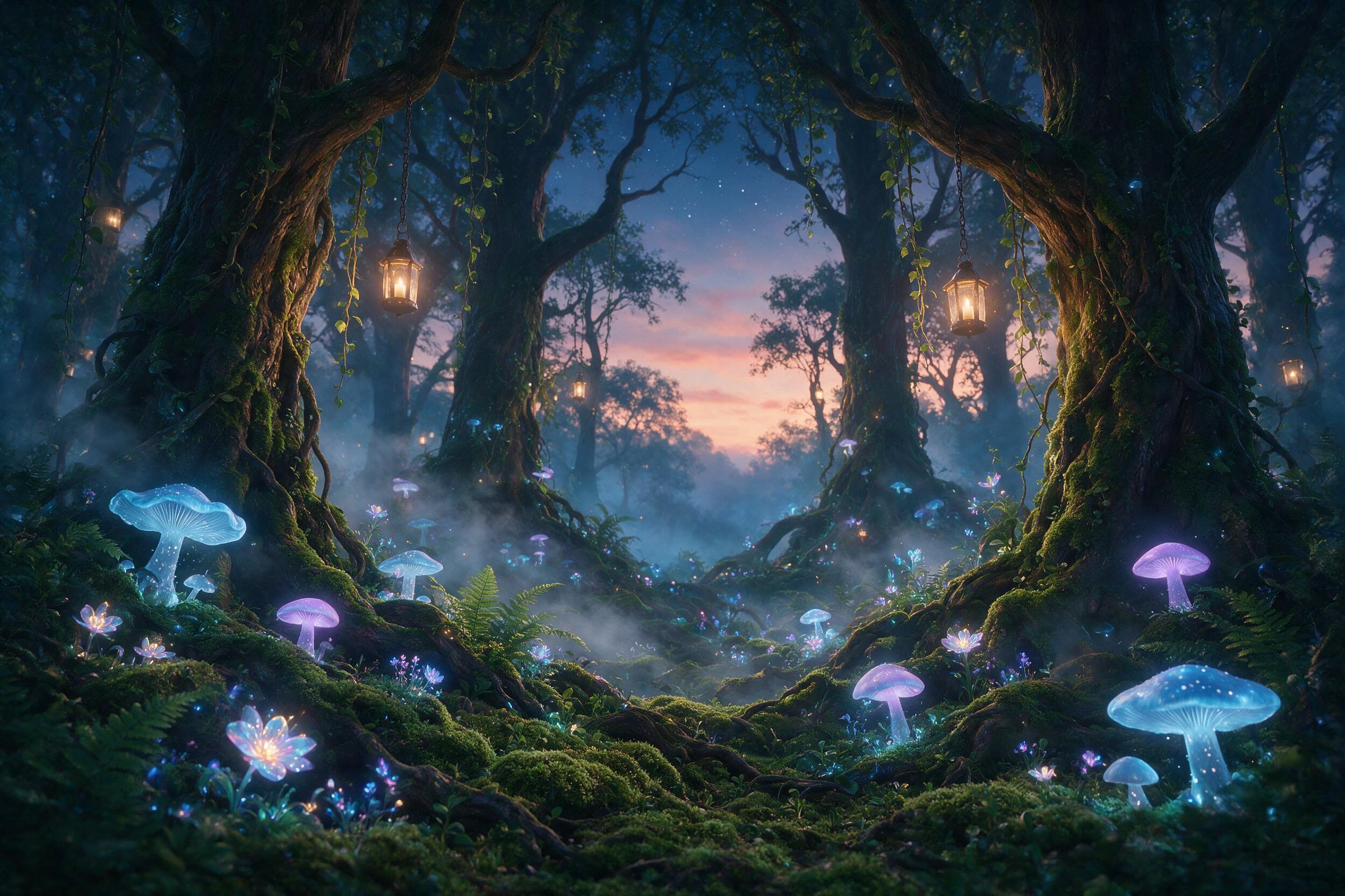 Enchanted forest at twilight, bioluminescent mushrooms and glowing flowers scattered on mossy ground, towering ancient trees with twisted roots, mist weaving between trunks, soft golden light from lanterns hanging on branches, magical atmosphere, wide angle shot, dreamy and ethereal