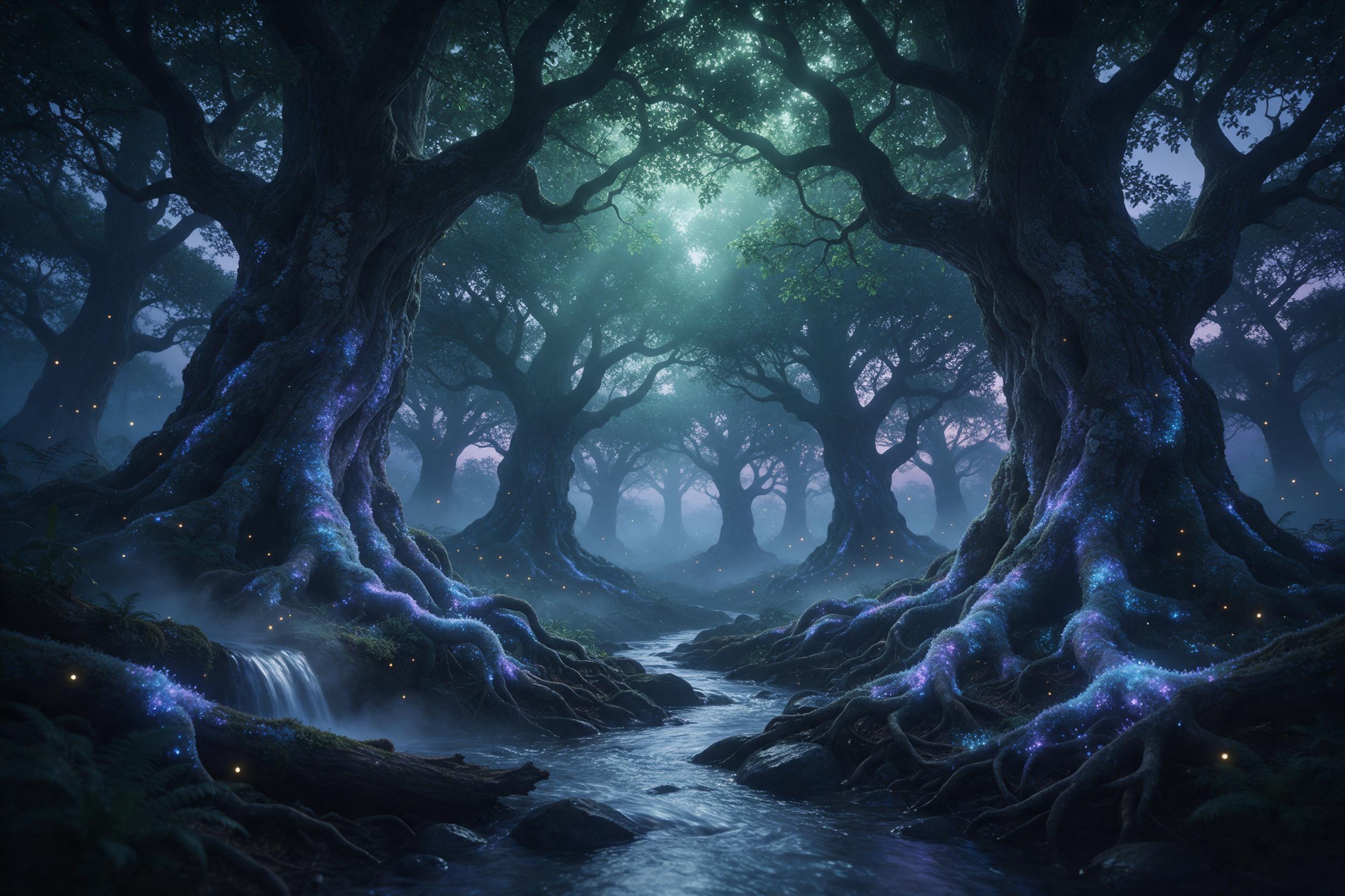 A misty bioluminescent forest at twilight, ancient giant gnarled trees with glowing blue and purple moss, a small silver stream winding between roots, fireflies sparkling in the air, ethereal green light filtering through canopy, soft fog hugging the ground, cinematic wide shot, magic realism.