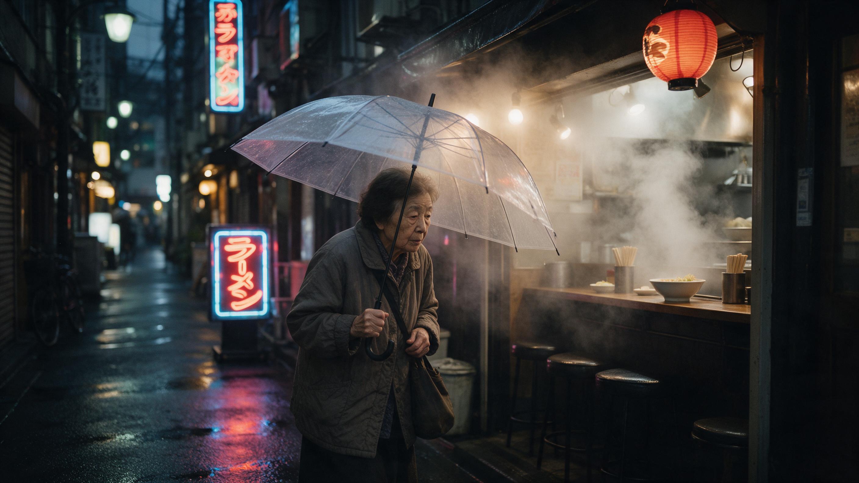 A narrow alley in a rainy Tokyo evening, glowing neon signs reflecting on wet asphalt, an elderly woman with a transparent umbrella walking past a steam-filled ramen shop, shallow depth of field, natural light from street lamps, understated color palette.