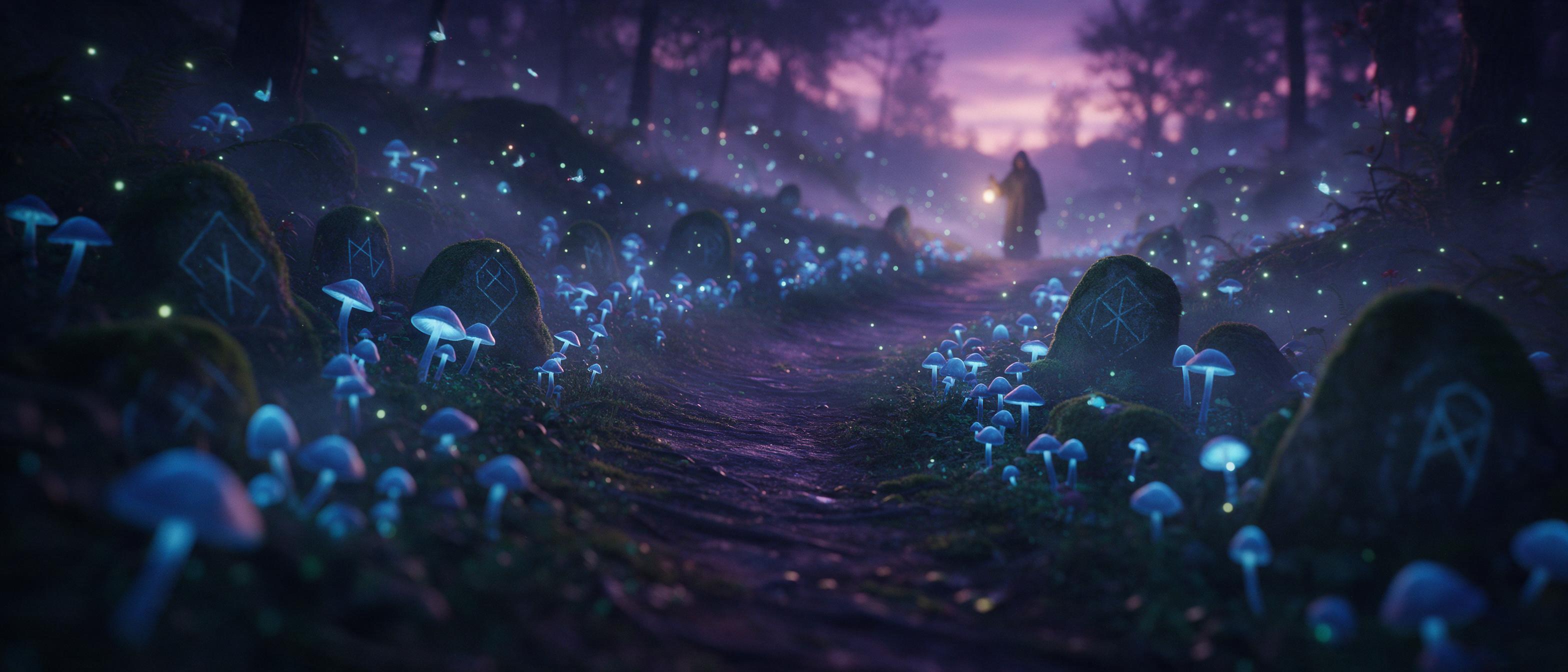 A luminous forest at twilight, ancient glowing blue mushrooms line a winding path, ethereal fireflies swirl in the air, moss-covered stones with runic carvings, soft mist, deep purples and teals, a lone hooded figure with a lantern in the distance, cinematic composition, shallow depth of field