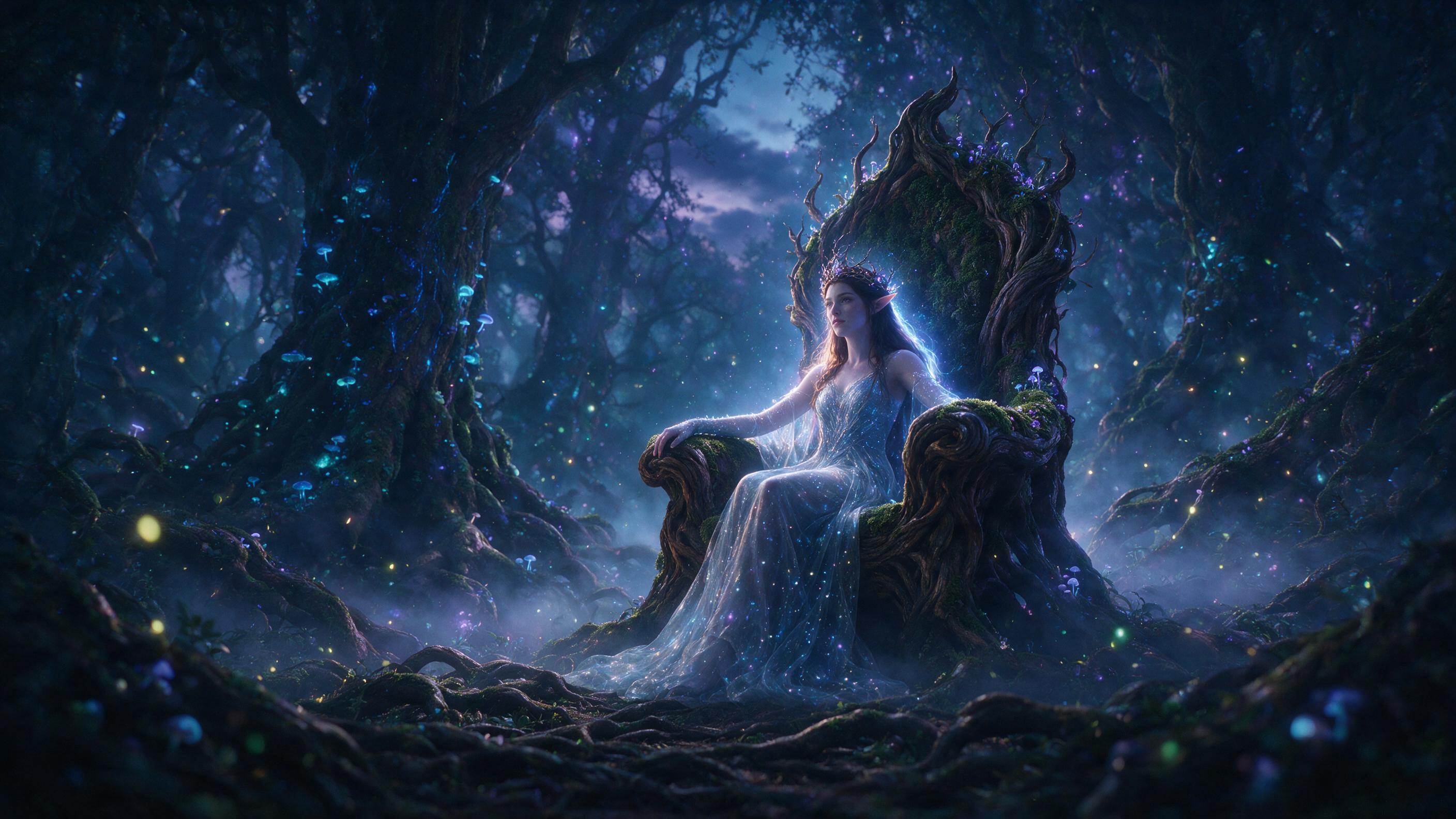 A luminous faerie queen sits on a moss-covered throne in an ancient, bioluminescent forest at twilight, soft blue and purple light filtering through twisted tree roots, fireflies dancing around her, gentle mist flows across the ground, cinematic composition with wide angle lens and natural particle 
