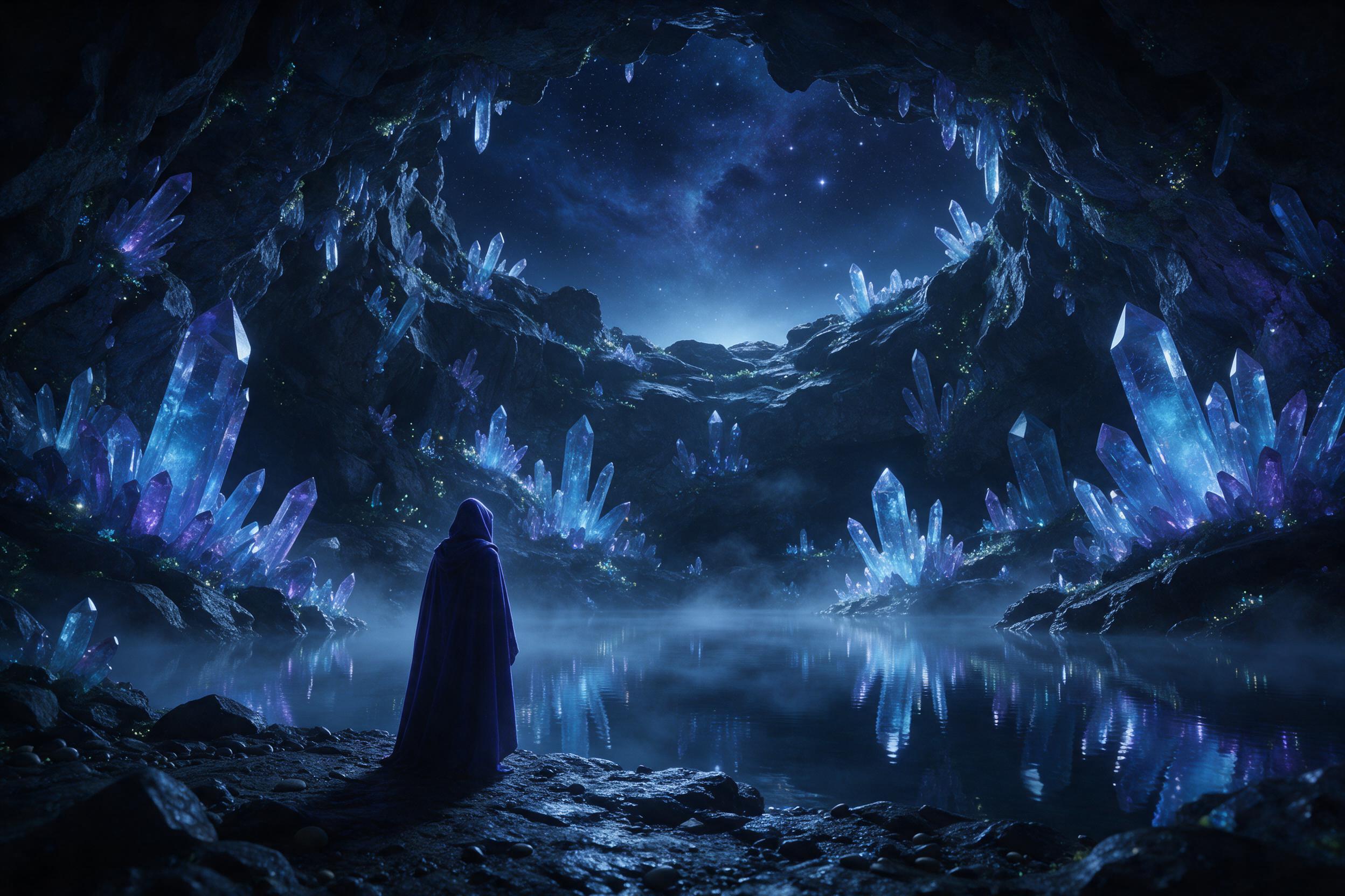 A glowing crystal cavern beneath a starry night sky, luminous blue and purple crystals jutting from the walls, a gentle mist curling over a still underground lake reflecting the ethereal light, soft bioluminescent moss clinging to rocks, a lone figure in a hooded cloak standing by the water's edge, 