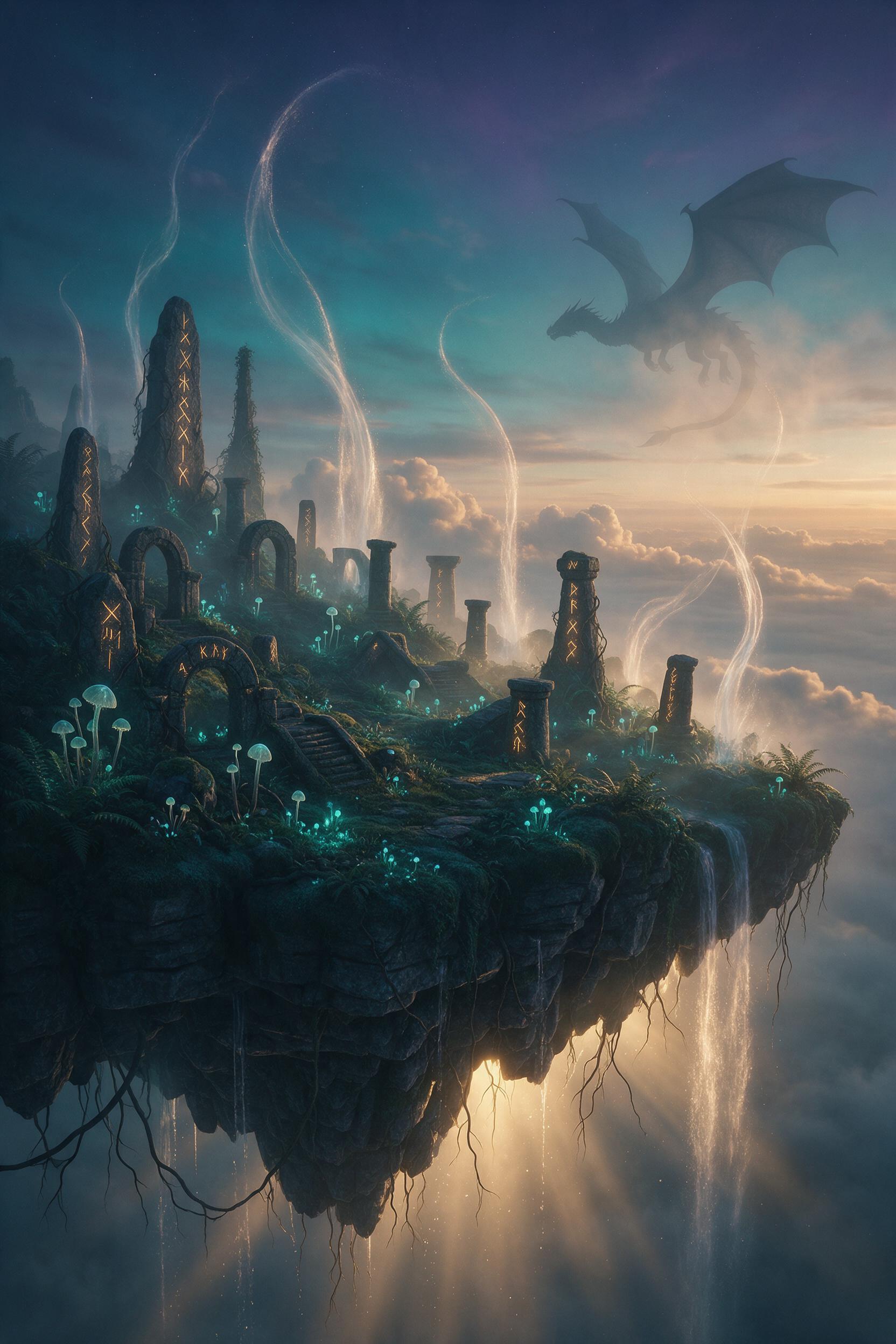 An ethereal floating island with cascading waterfalls that drift upward into a twilight sky, ancient glowing runes etched on mossy stones, luminescent flora, silhouetted dragon circling, soft volumetric light, misty atmosphere, rich teal and amber palette, cinematic composition, highly detailed conc