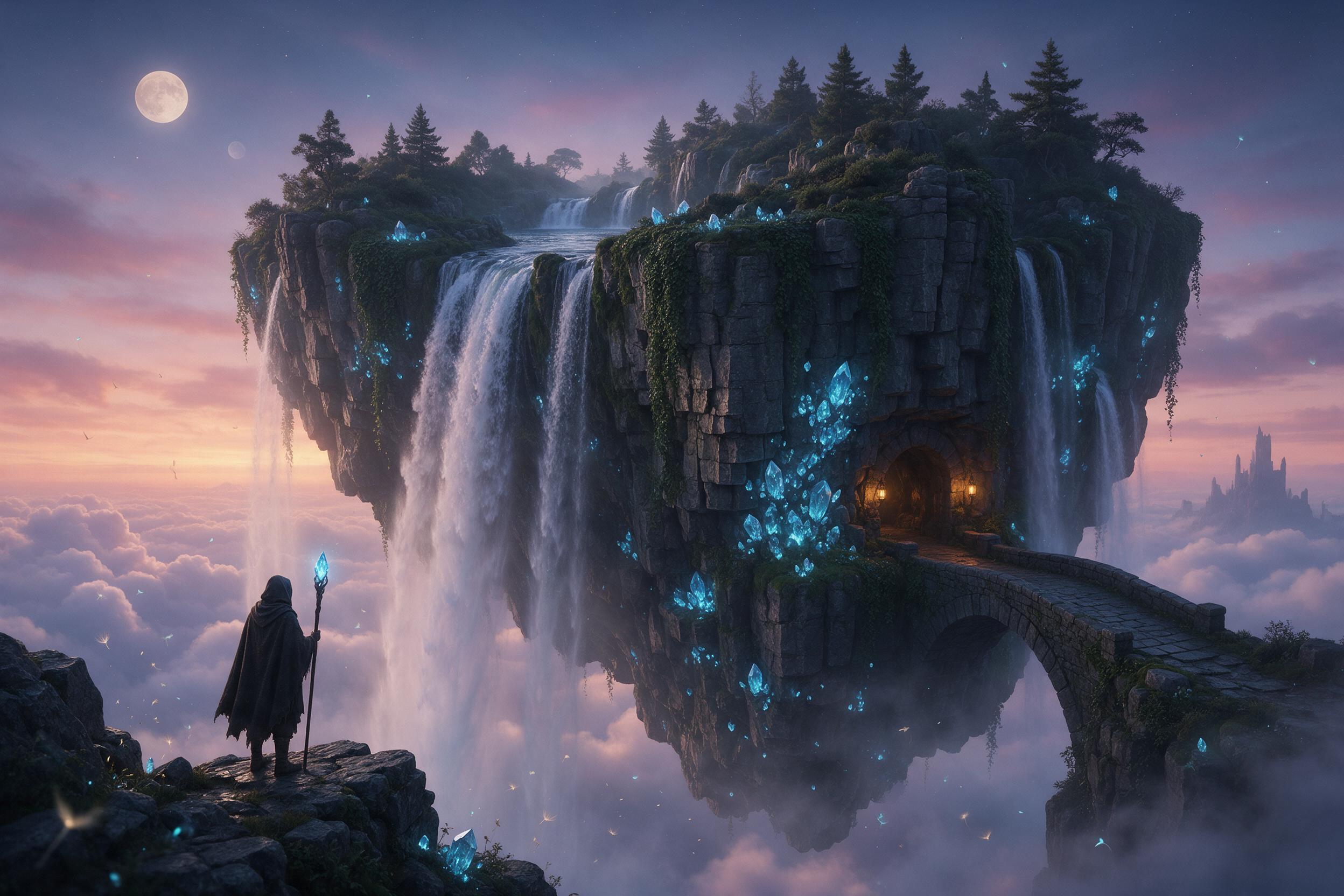An ancient floating island wrapped in ivy and glowing blue crystals, cascading waterfalls fall into clouds below, a lone cloaked figure holding a staff stands at the rocky edge, twilight sky with twin moons, soft mist and drifting spores, warm lantern light from a hidden cave entrance, distant silho