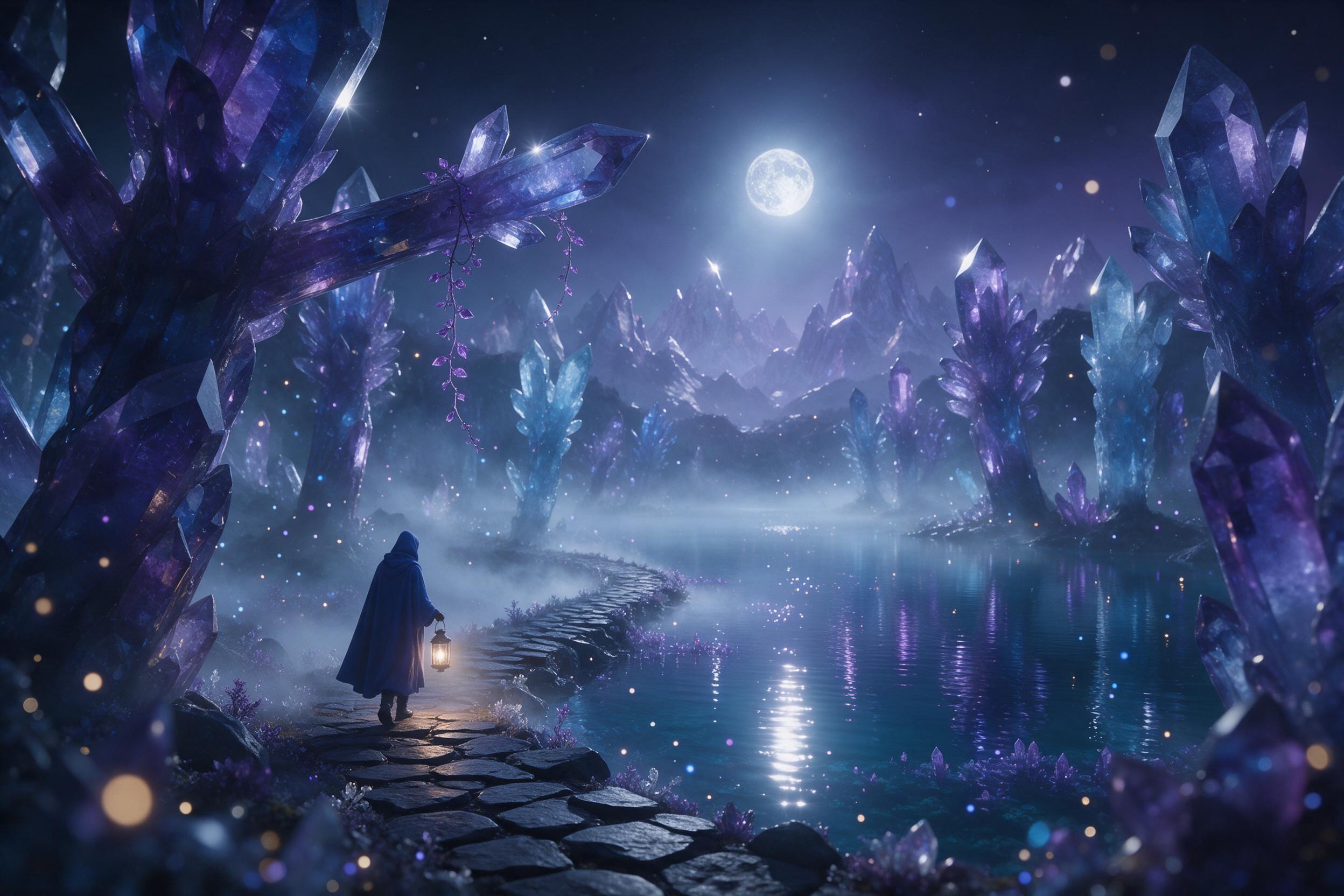 A moonlit crystal forest where glowing blue and purple trees cast shimmering reflections on a still lake, ethereal mist weaving through the trunks, tiny luminescent spores floating in the air, a lone cloaked figure with a lantern walking a winding stone path, soft volumetric light, dreamlike atmosph