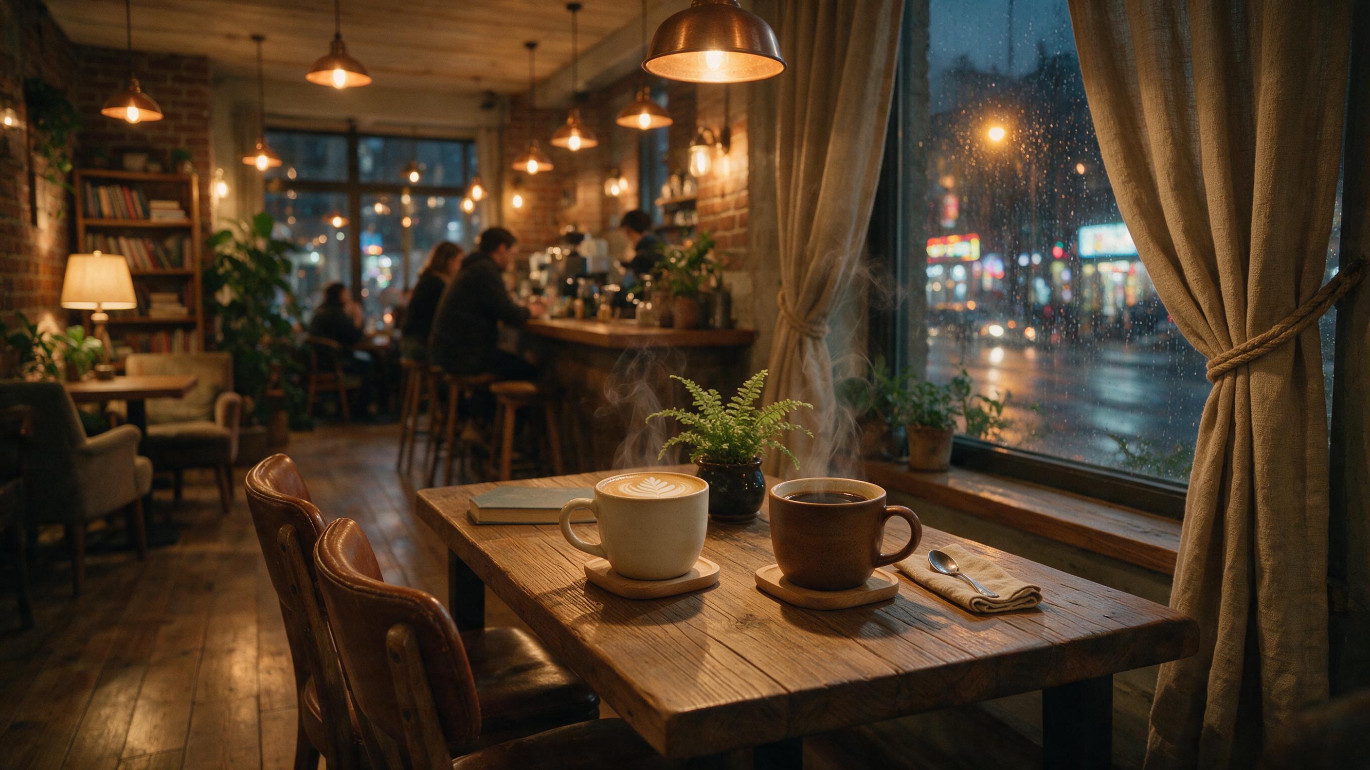A cozy, dimly lit café interior with warm amber pendant lights, steam rising from two ceramic mugs on a wooden table, rain-streaked window showing blurred city streetlights, shallow depth of field, natural grain, soft reflections on polished wood floor
