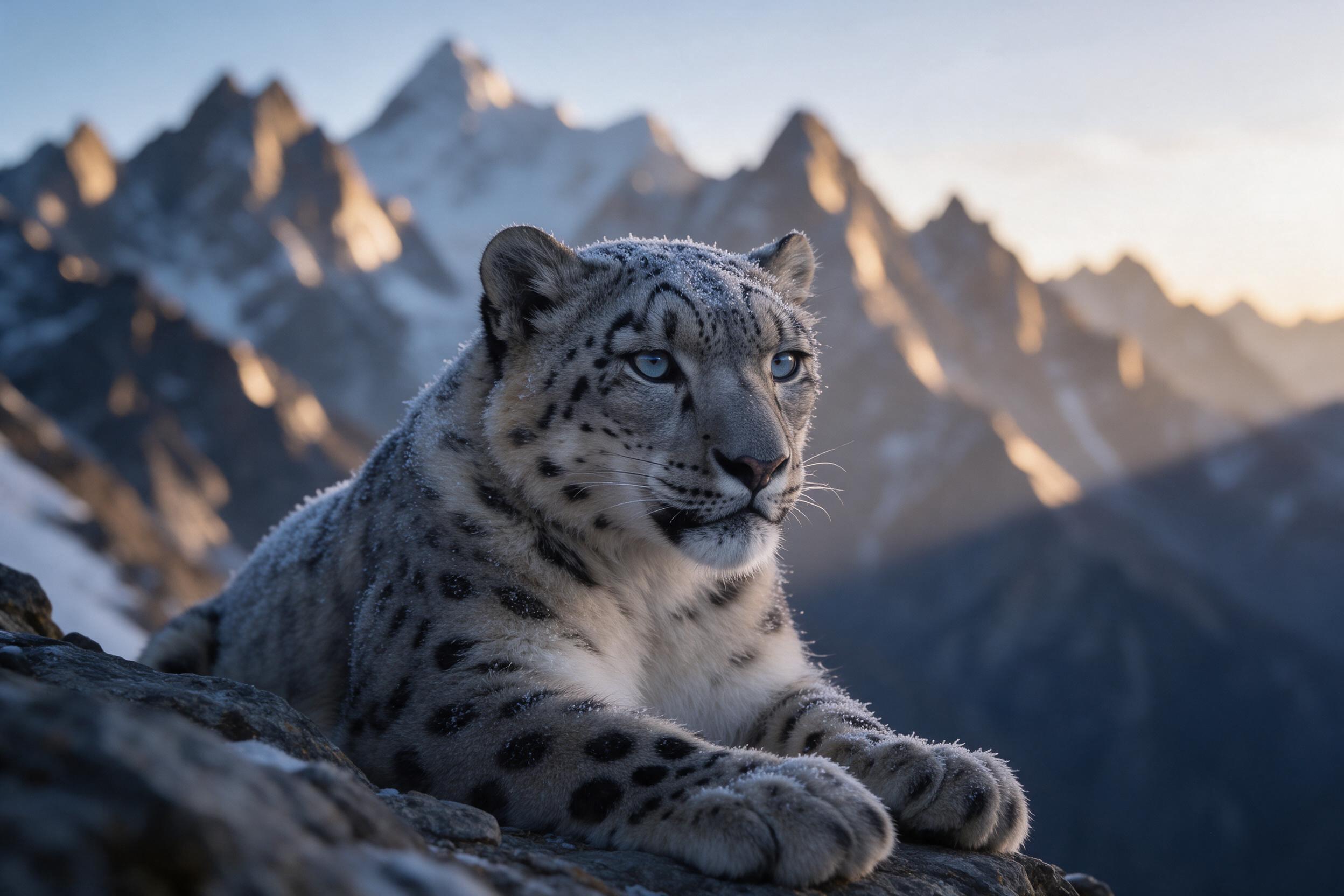 A snow leopard rests on a rocky Himalayan ledge at dawn, its spotted fur dusted with frost, piercing blue-gray eyes gazing into the distance. Soft golden light rakes across jagged peaks, casting long shadows. Shallow depth of field blurs the background, highlighting the animal's intense expression. 