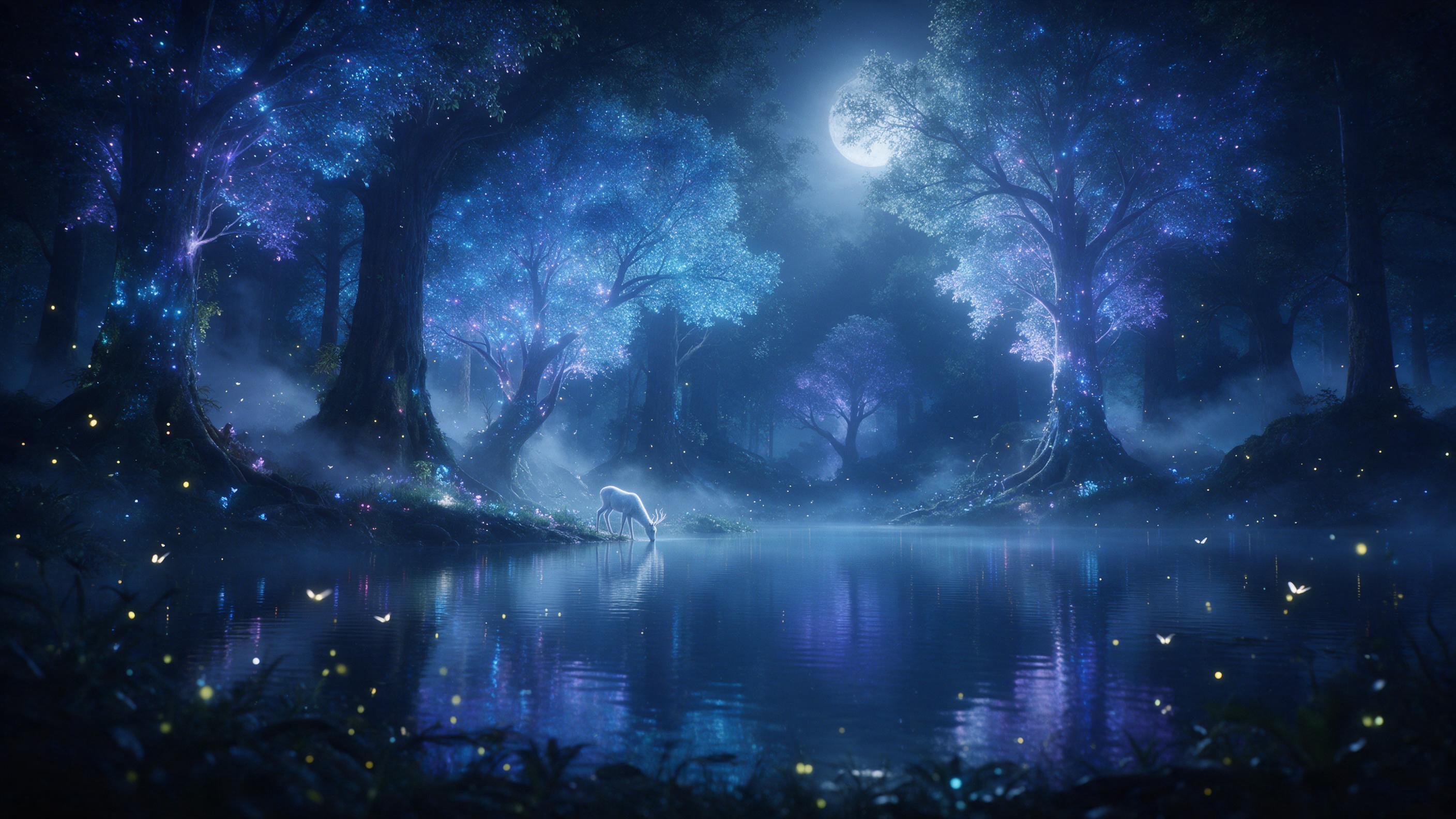 A serene moonlit lake in an enchanted forest, towering bioluminescent trees casting soft blue and violet glows on the water, mist weaving through ancient trunks, a lone white stag drinking at the shore, fireflies dancing, ethereal atmosphere, soft silver moonlight filtering through canopy, compositi