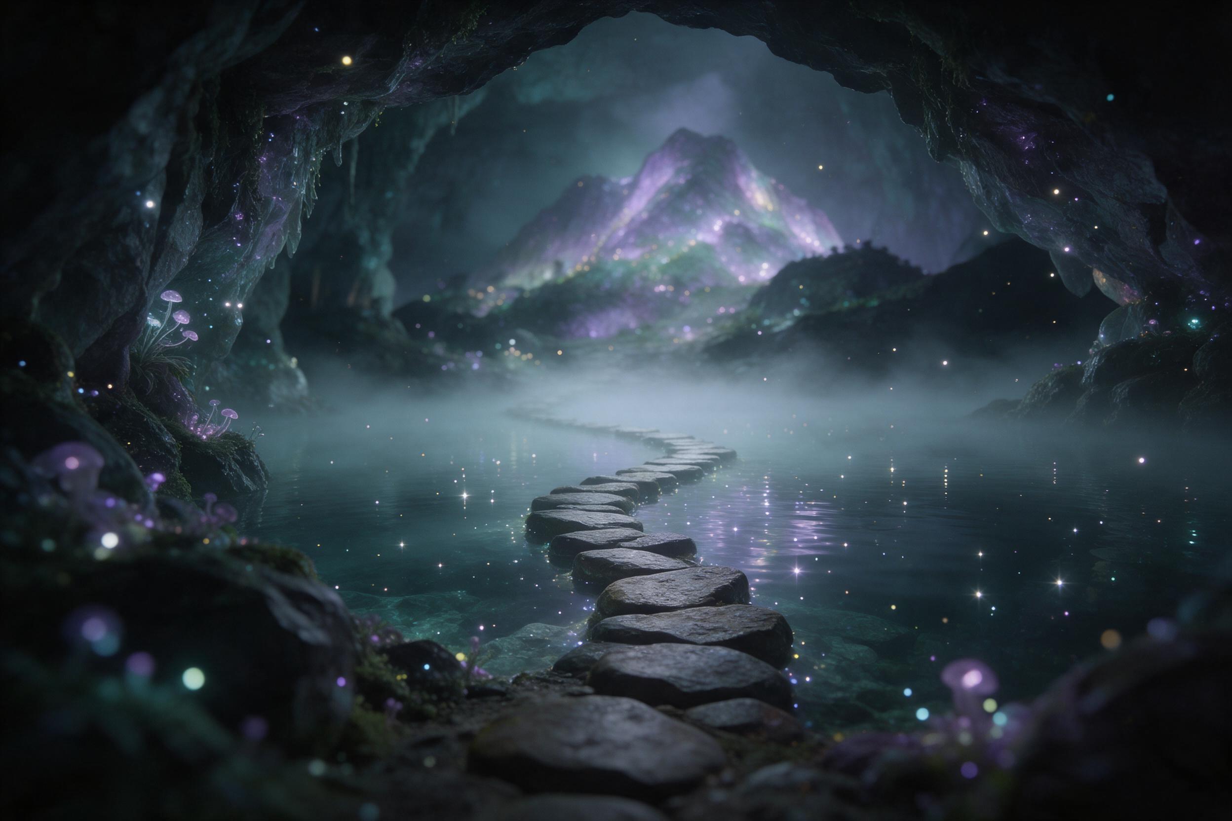 A hidden crystal cave beneath a glowing mountain, illuminated by bioluminescent fungi and floating motes of light, with a winding path of ancient stones leading to a misty underground lake, reflections of starlight, ethereal atmosphere, shallow depth of field, muted teal and violet tones.