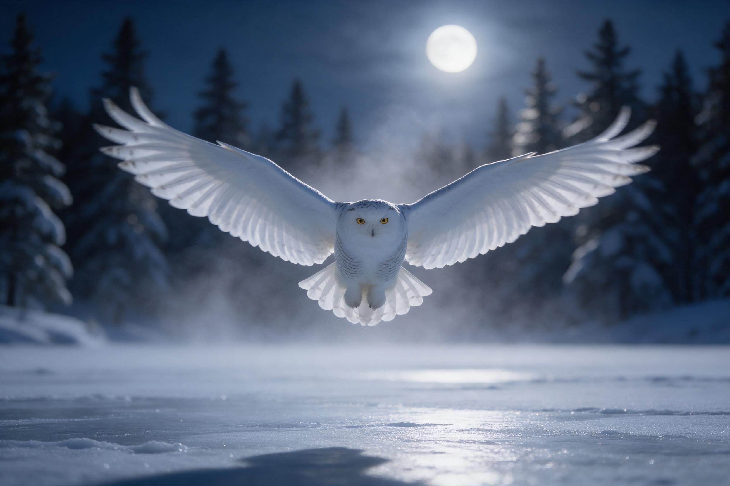 A solitary snowy owl in mid-flight over a moonlit frozen lake, wings fully spread, feathers catching the pale light, snow-dusted pine trees softly blurred in the background, cold air mist rising, shallow depth of field, natural winter palette of whites and blues, slight motion blur on wing tips, ser