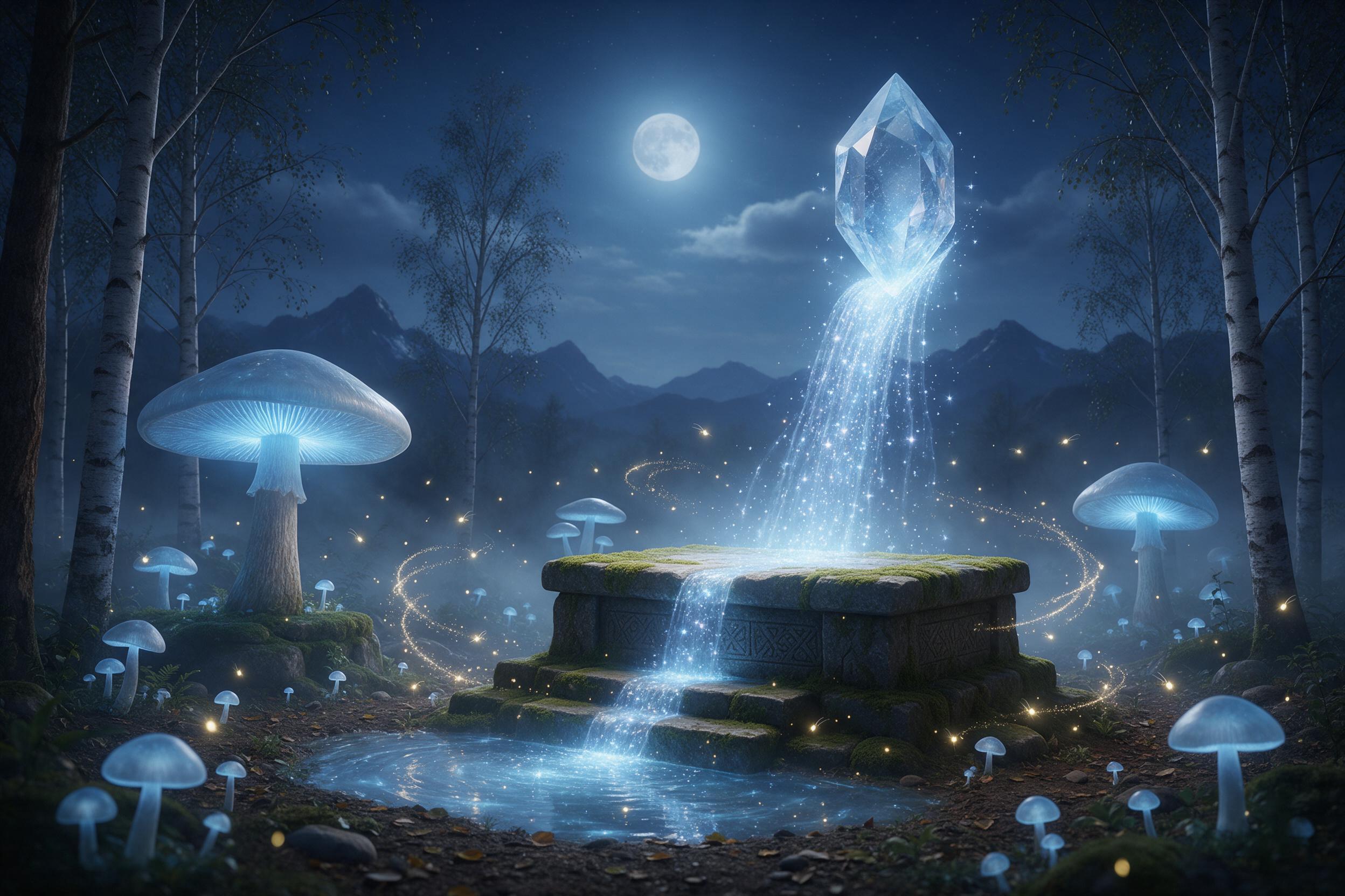 A moonlit forest clearing where giant glowing mushrooms with translucent caps cast soft azure light on a mossy stone altar. Fireflies drift in spiral patterns, and a cascading waterfall of liquid starlight flows from a floating crystal above. Misty air, silver birch trees, silhouettes of distant mou