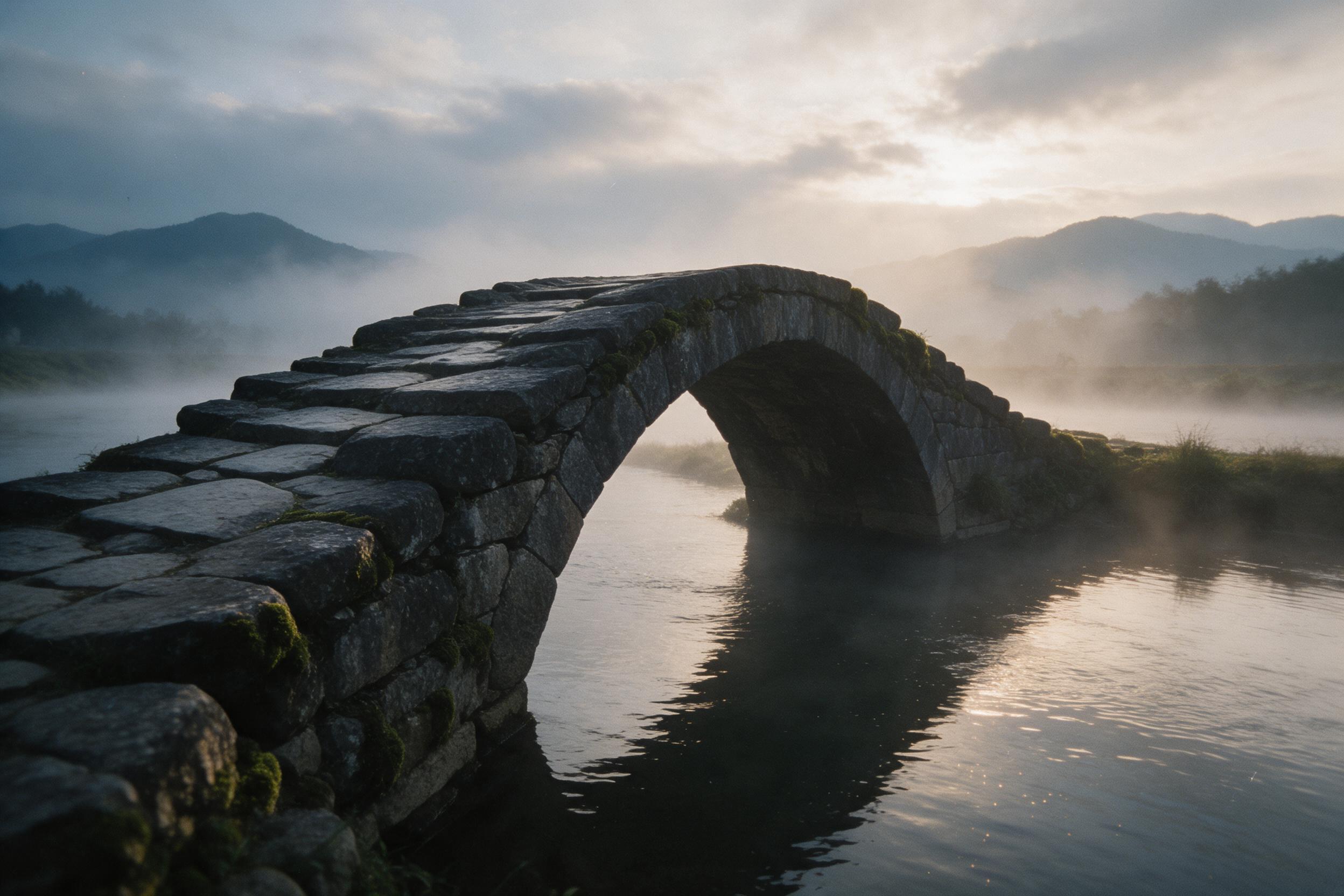 A weathered stone bridge arches over a misty river at dusk, with ancient moss clinging to its edges; soft golden light filters through low clouds, casting long shadows on the water; distant mountains fade into blue haze; slight grain and subtle vignette for a timeless atmosphere.