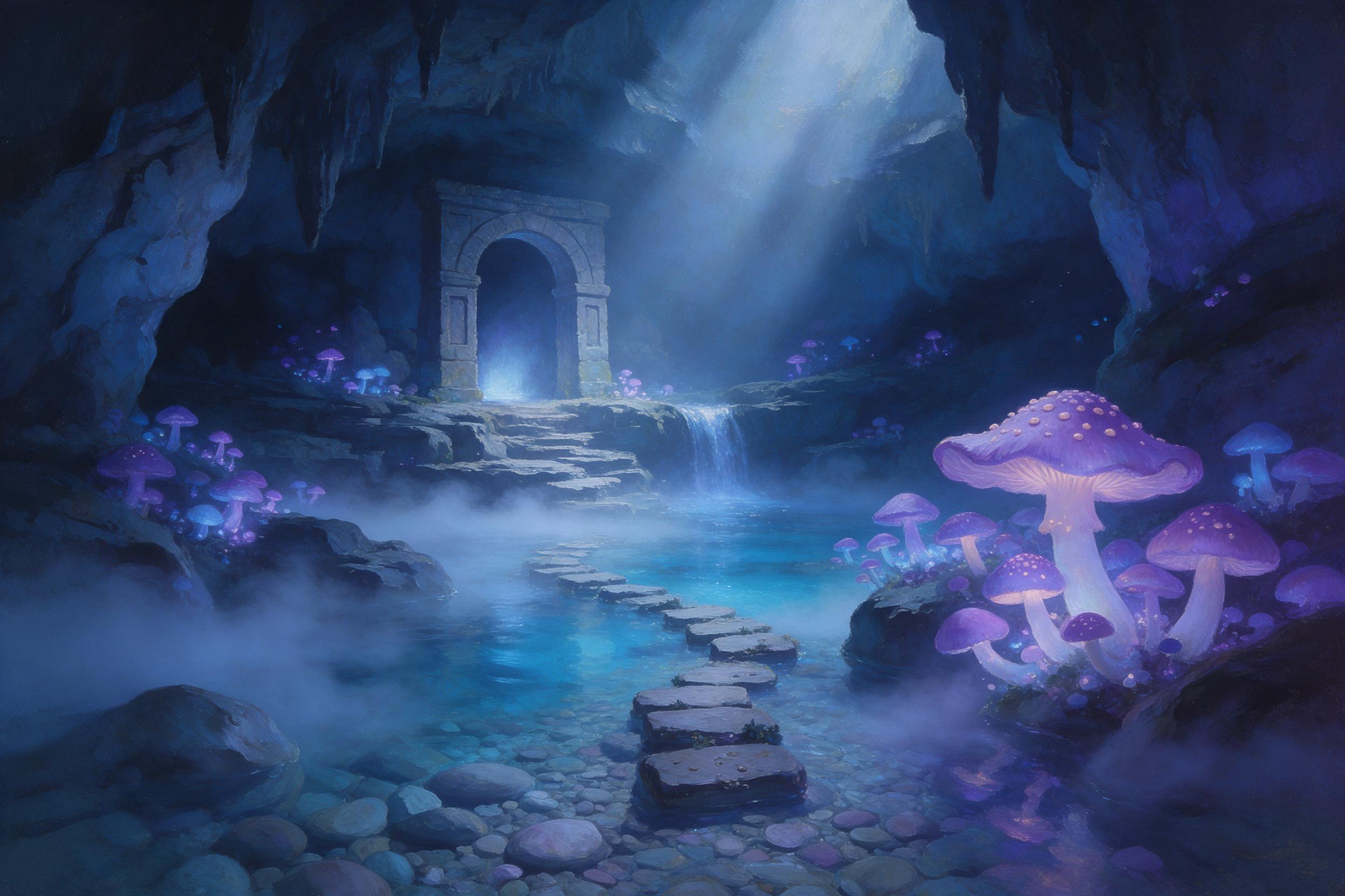 A hidden bioluminescent cavern, glowing blue and purple mushrooms lining a crystal-clear underground river, soft mist drifting, ancient stone archway, ethereal light rays, painterly style with soft brushstrokes and muted shadows, no people or animals.