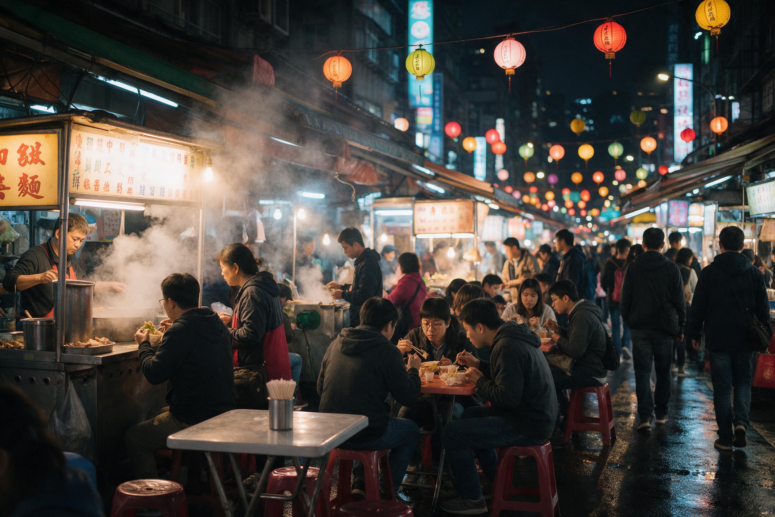 A bustling night market in Taipei, steam rising from food stalls, colorful lanterns overhead, patrons eating at plastic tables, neon signs reflecting on wet pavement after rain, handheld camera angle, natural ambiance, shallow depth of field
